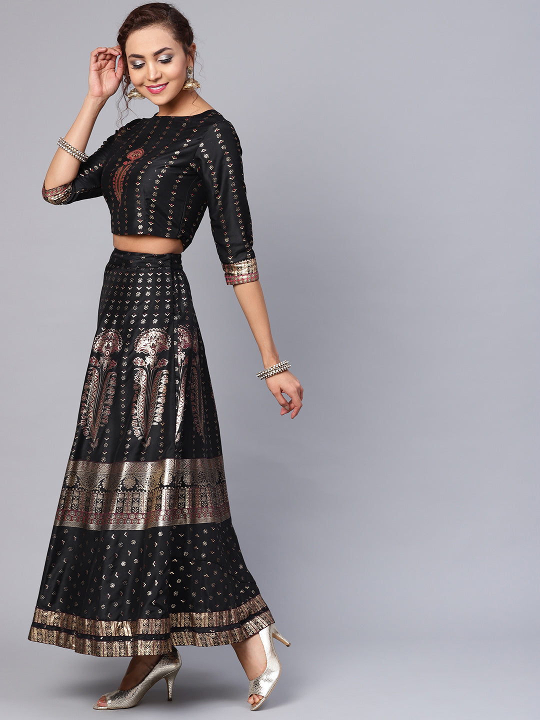 Juniper Women's Black Shantoon Printed Lehenga Choli Set