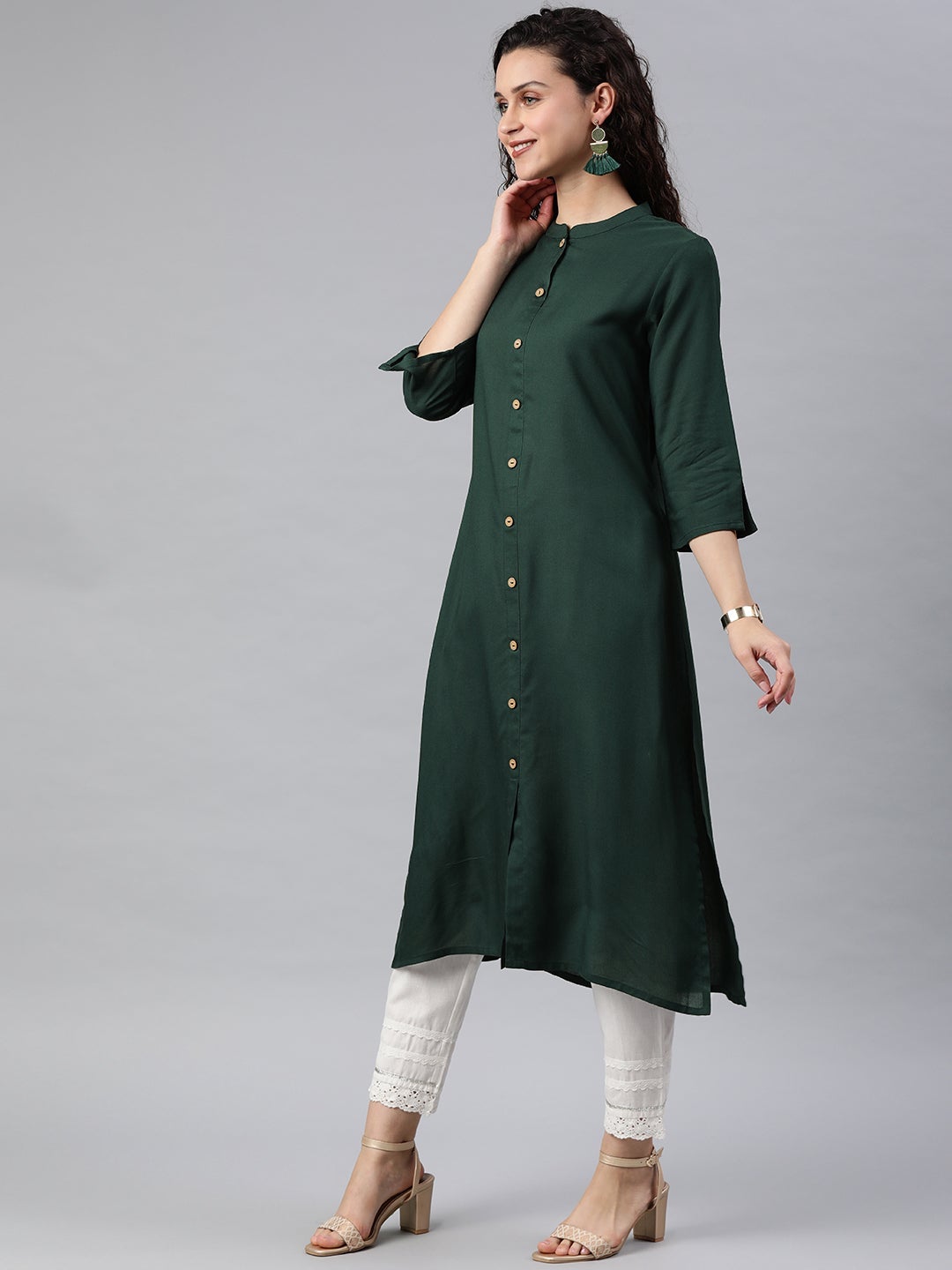 Juniper Jade Green Solid Rayon A-line Kurta with Buttons