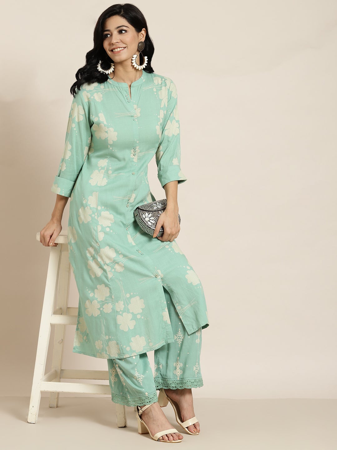 Juniper Mint Green Floral Printed Rayon Slub Kurta & Palazzo Set
