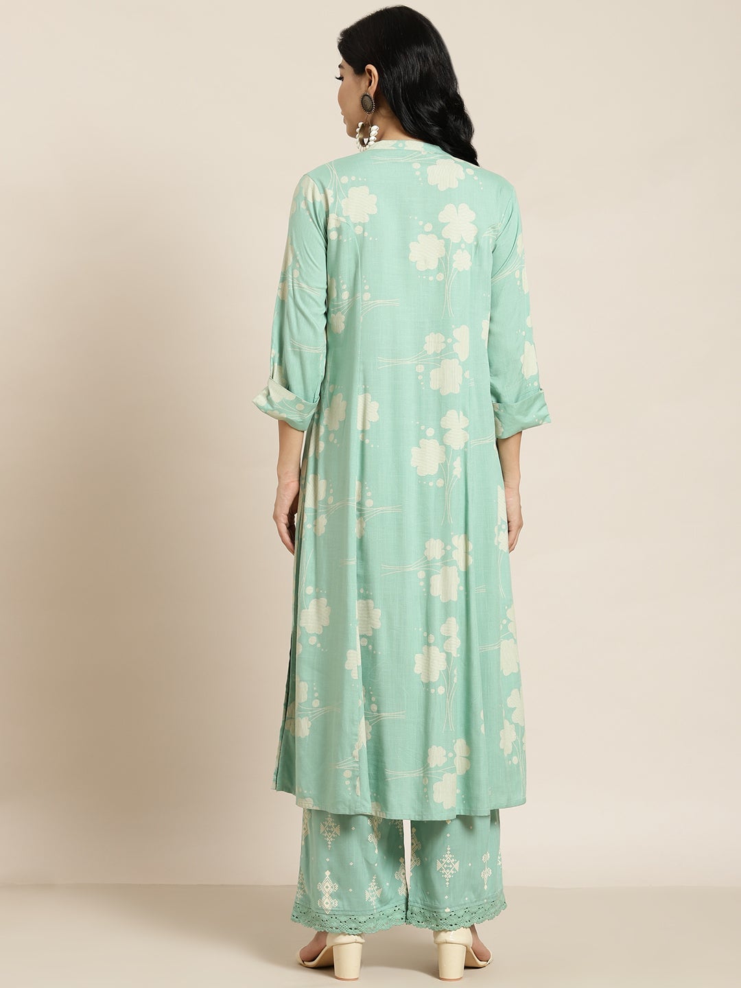 Juniper Mint Green Floral Printed Rayon Slub Kurta & Palazzo Set