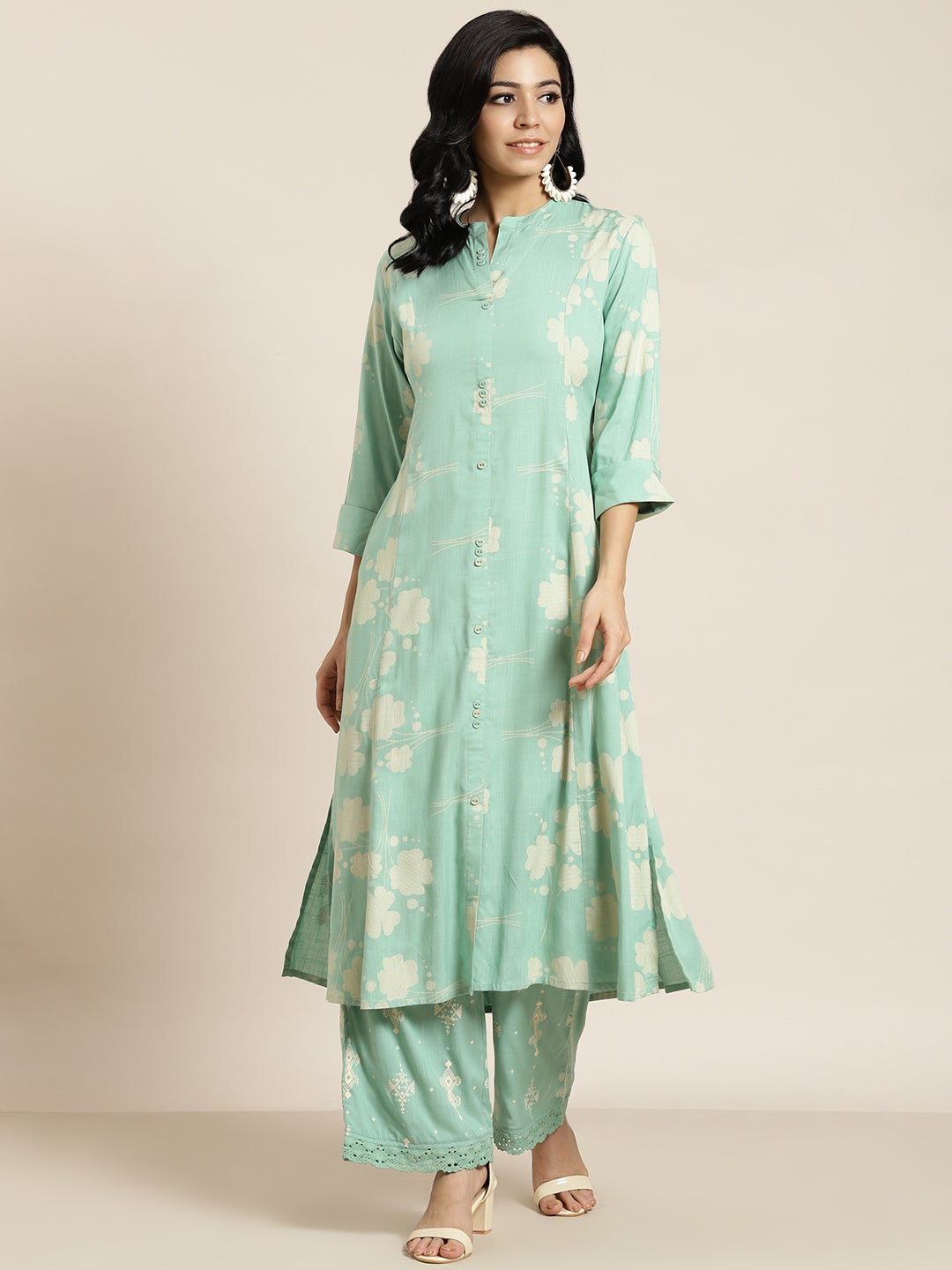 Juniper Mint Green Floral Printed Rayon Slub Kurta & Palazzo Set
