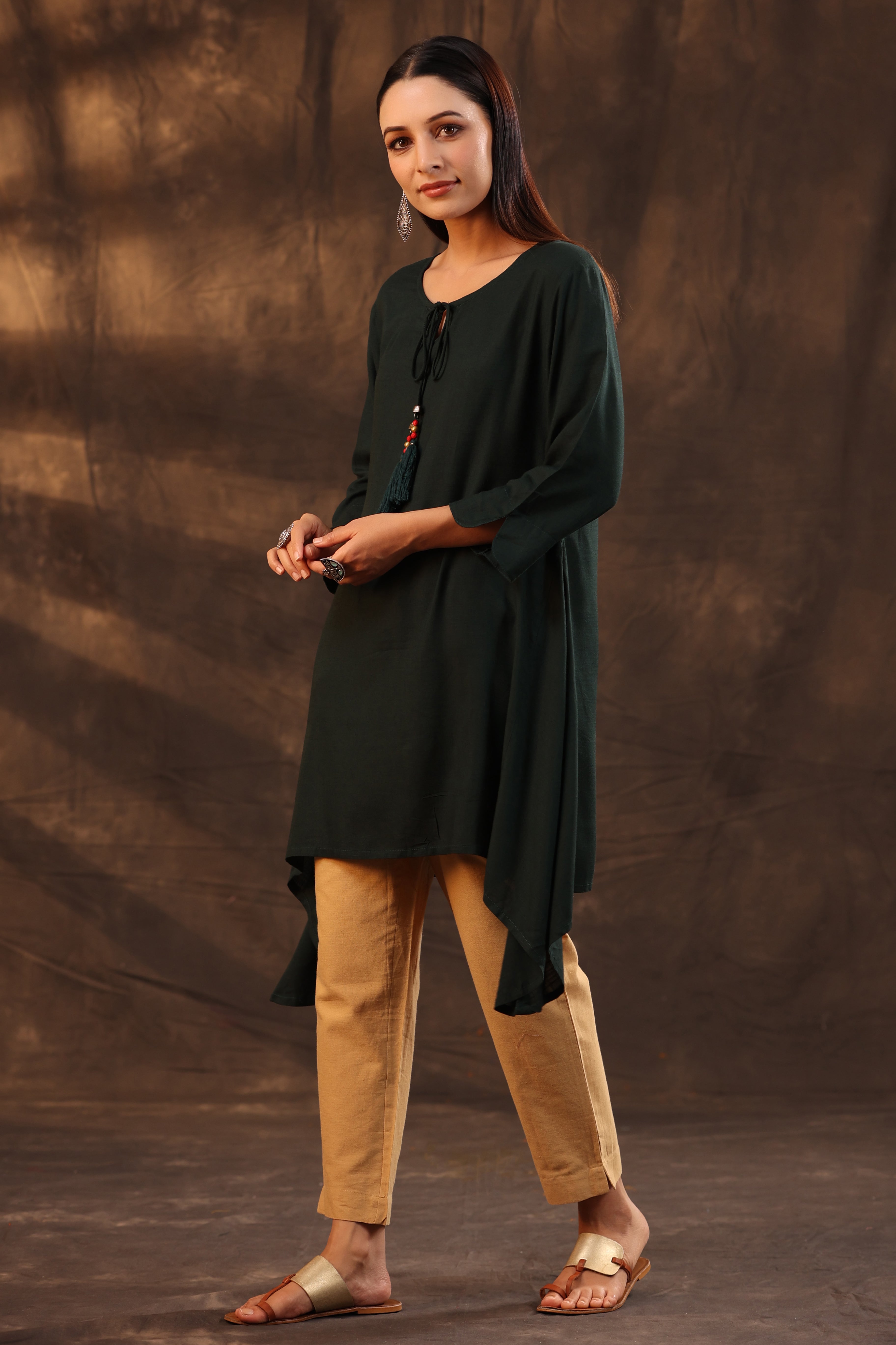 Juniper Jade Green Solid Rayon Slub Asymmetric Women Kurta With Tie-Ups