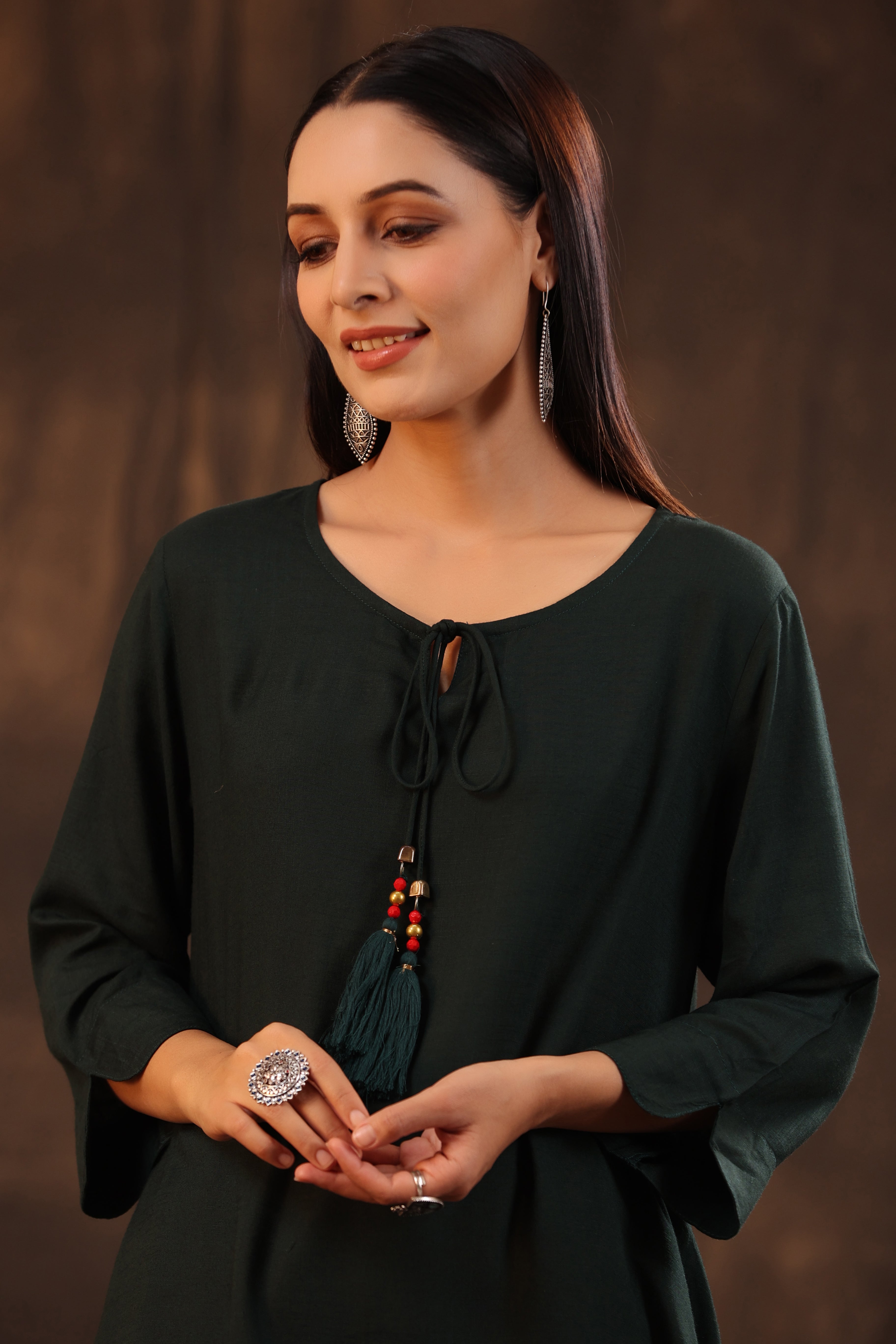 Juniper Jade Green Solid Rayon Slub Asymmetric Women Kurta With Tie-Ups