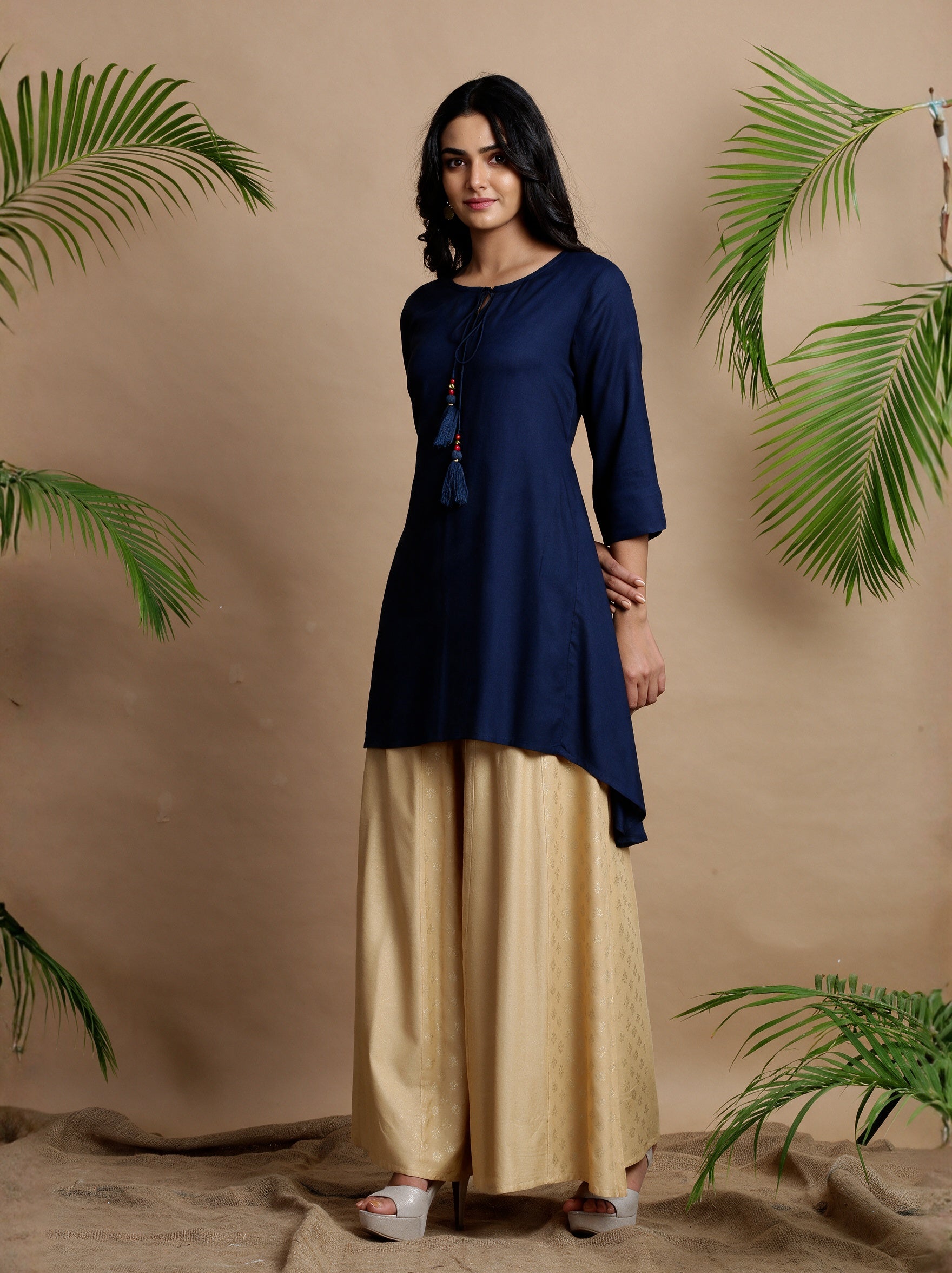 Navy Solid Rayon Slub Asymmetric Women Kurta With Tie-ups