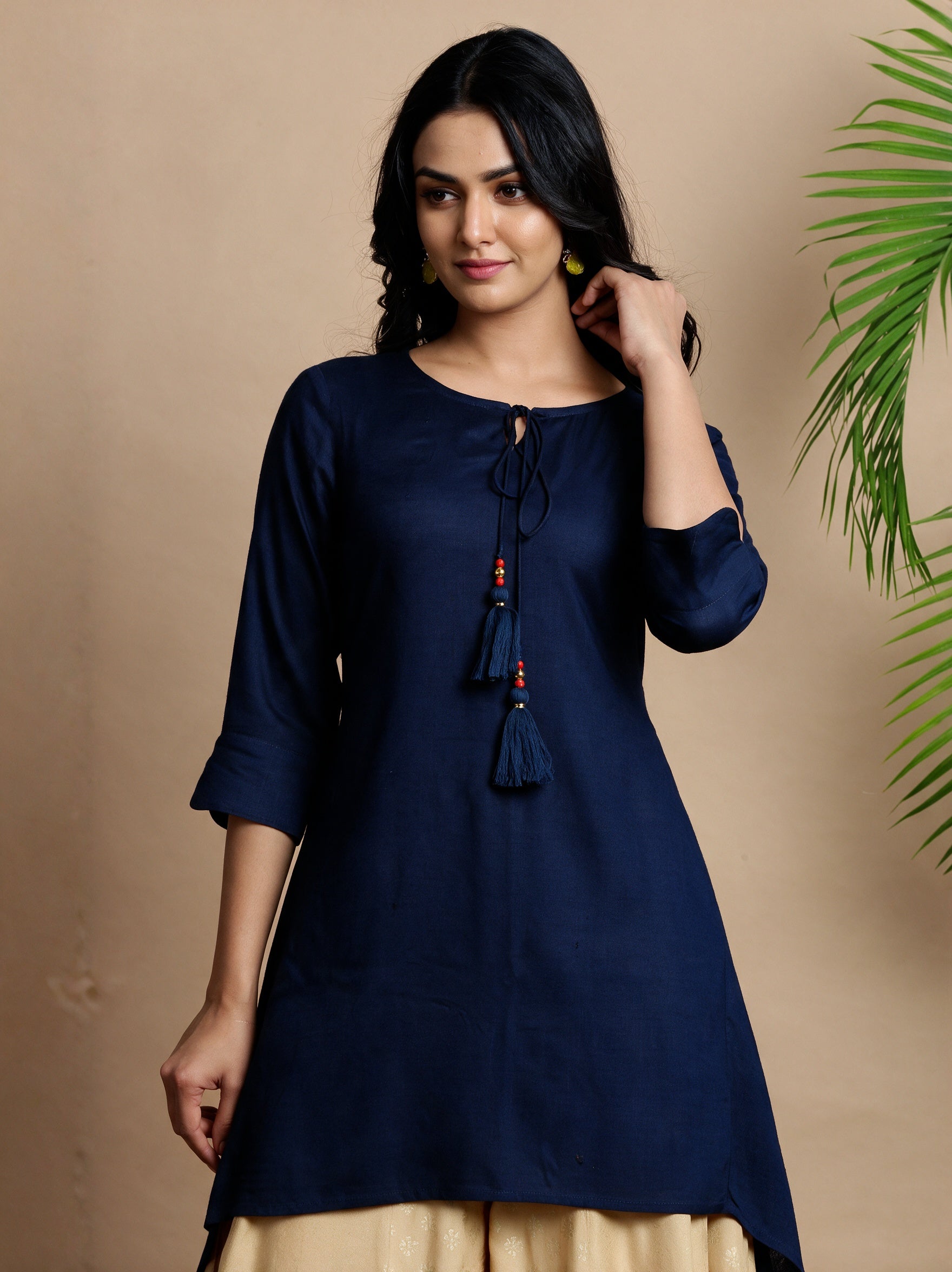 Navy Solid Rayon Slub Asymmetric Women Kurta With Tie-ups