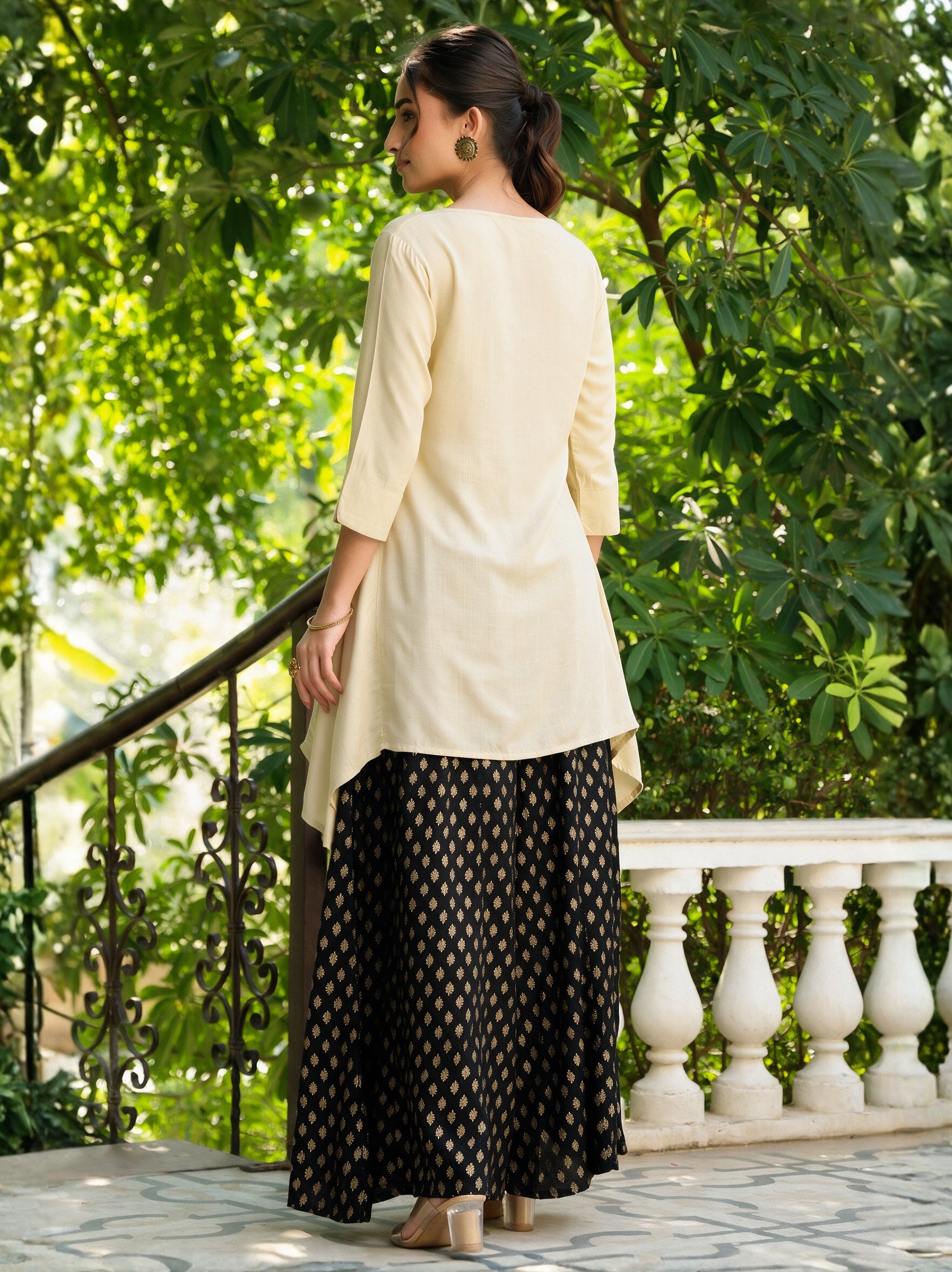 Off White Solid Rayon Slub Asymmetric Women Kurta With Tie-ups
