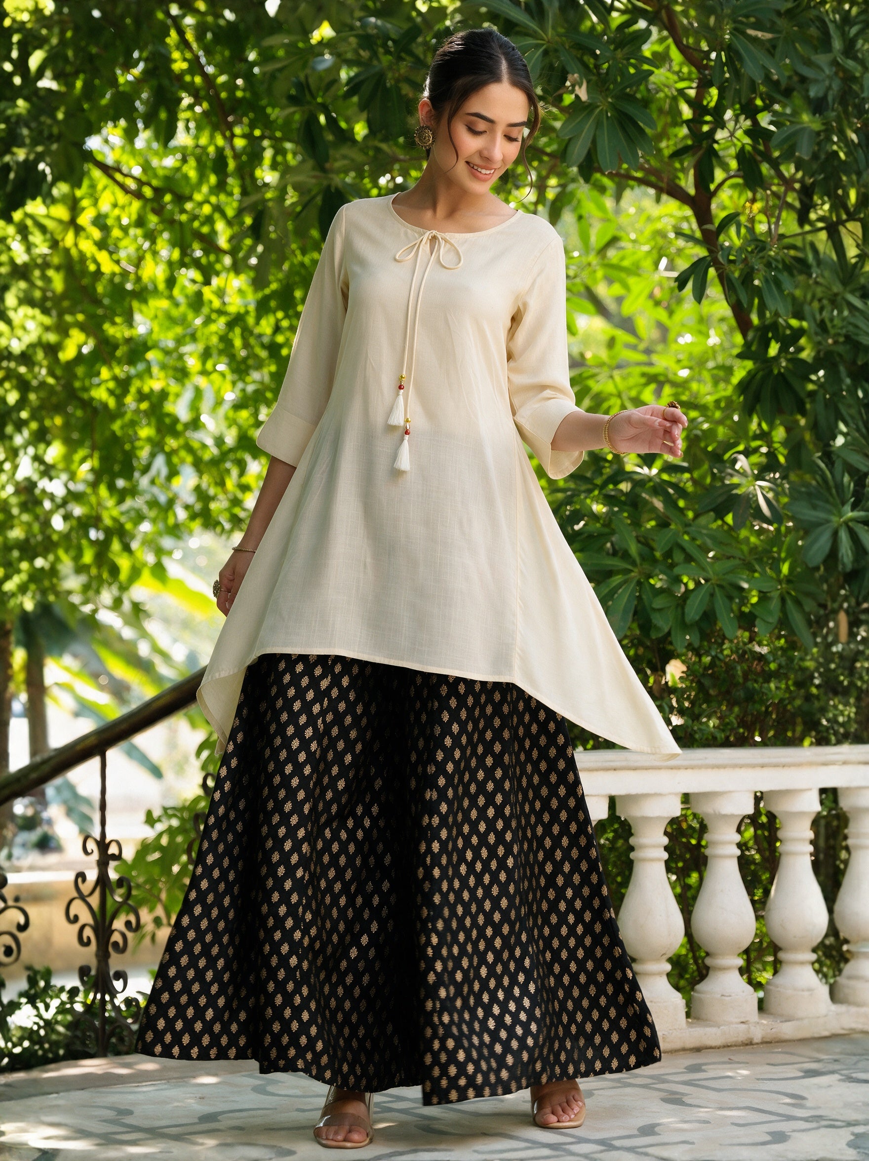 Off White Solid Rayon Slub Asymmetric Women Kurta With Tie-ups