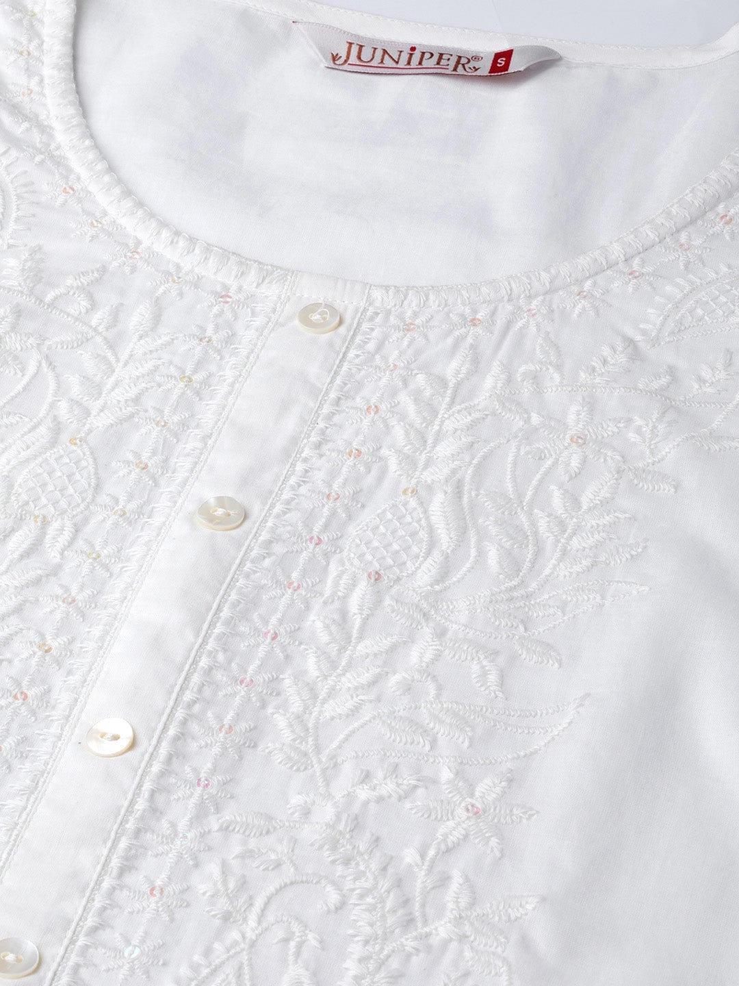 Juniper White Embroidered Pure Cotton Calf Length Straight Kurta