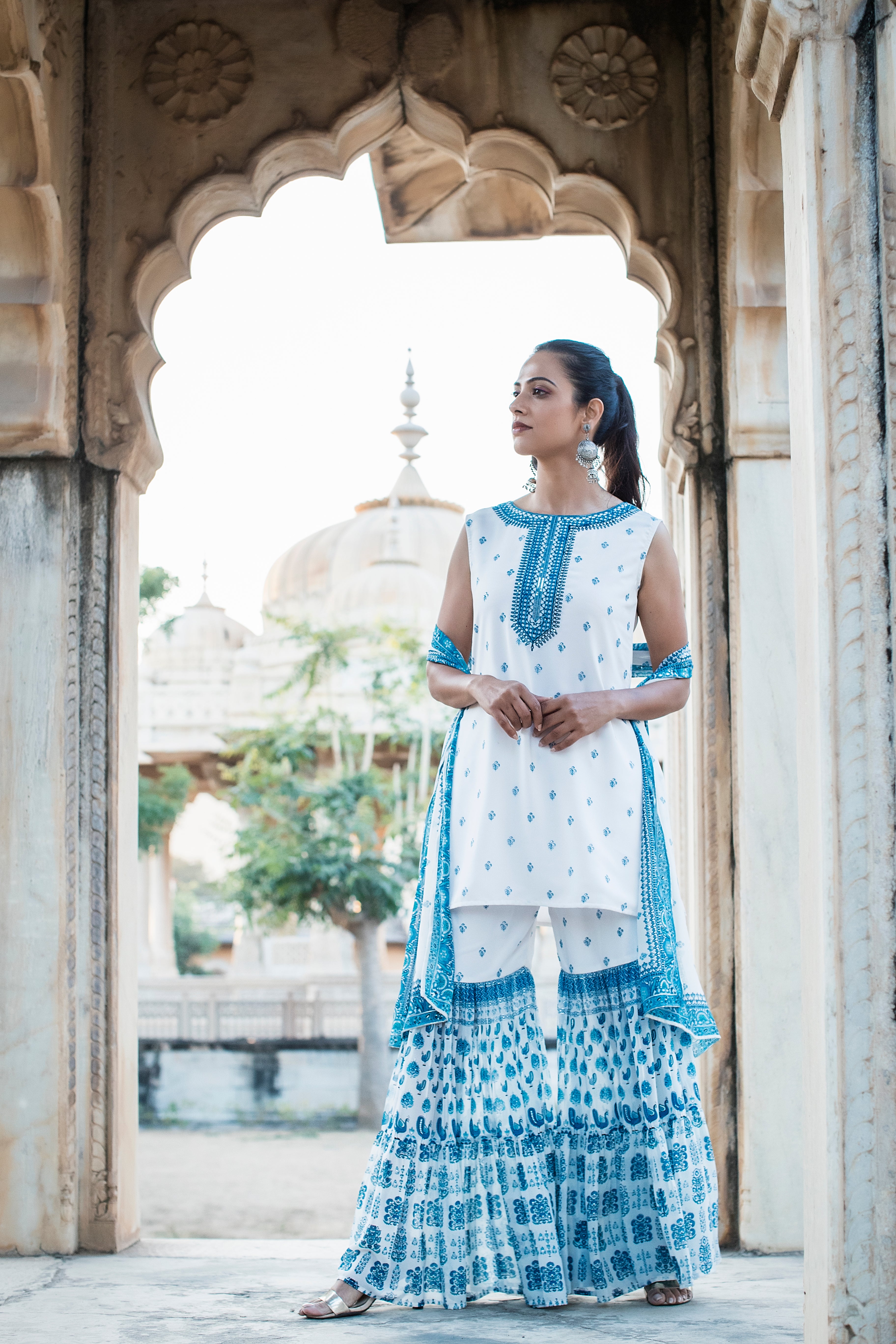Juniper Blue Ethnic Motif Printed Georgette Kurta Sharara & Dupatta Set With Thread Work Embroidery