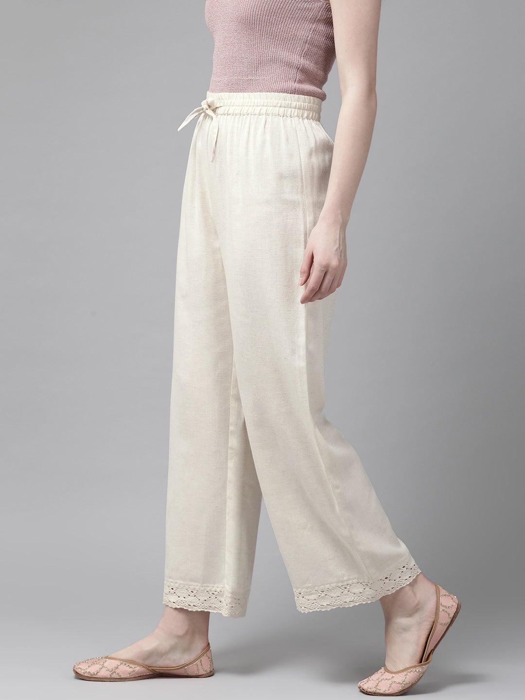 Juniper Off-White Solid Rayon Flex Wide Leg Women Palazzo With Lace & Tassels