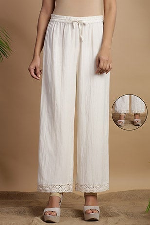 Juniper Off-White Solid Rayon Flex Wide Leg Women Palazzo With Lace & Tassels