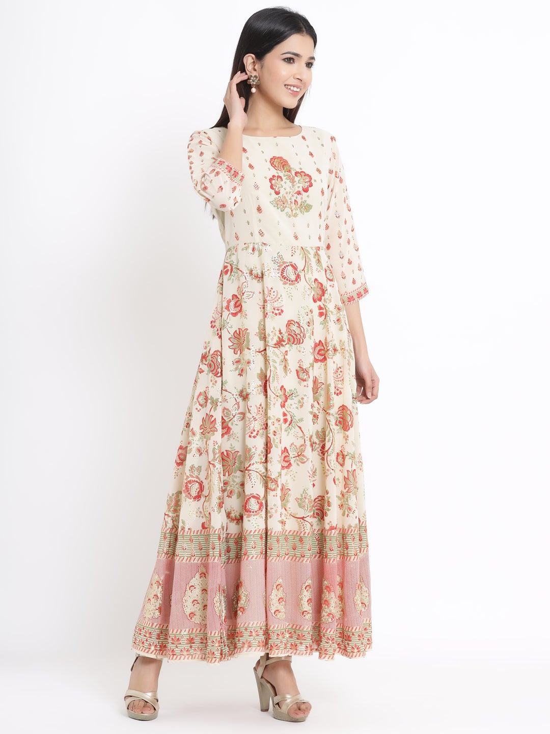 Juniper Ivory Georgette Printed Flared Dress With Hair-Band