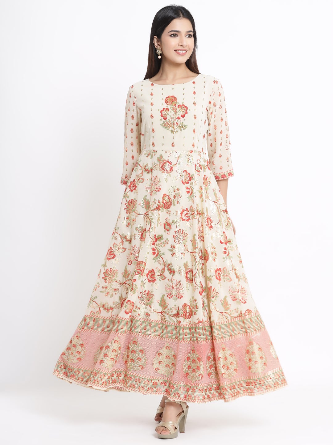 Juniper Ivory Georgette Printed Flared Dress With Hair-Band