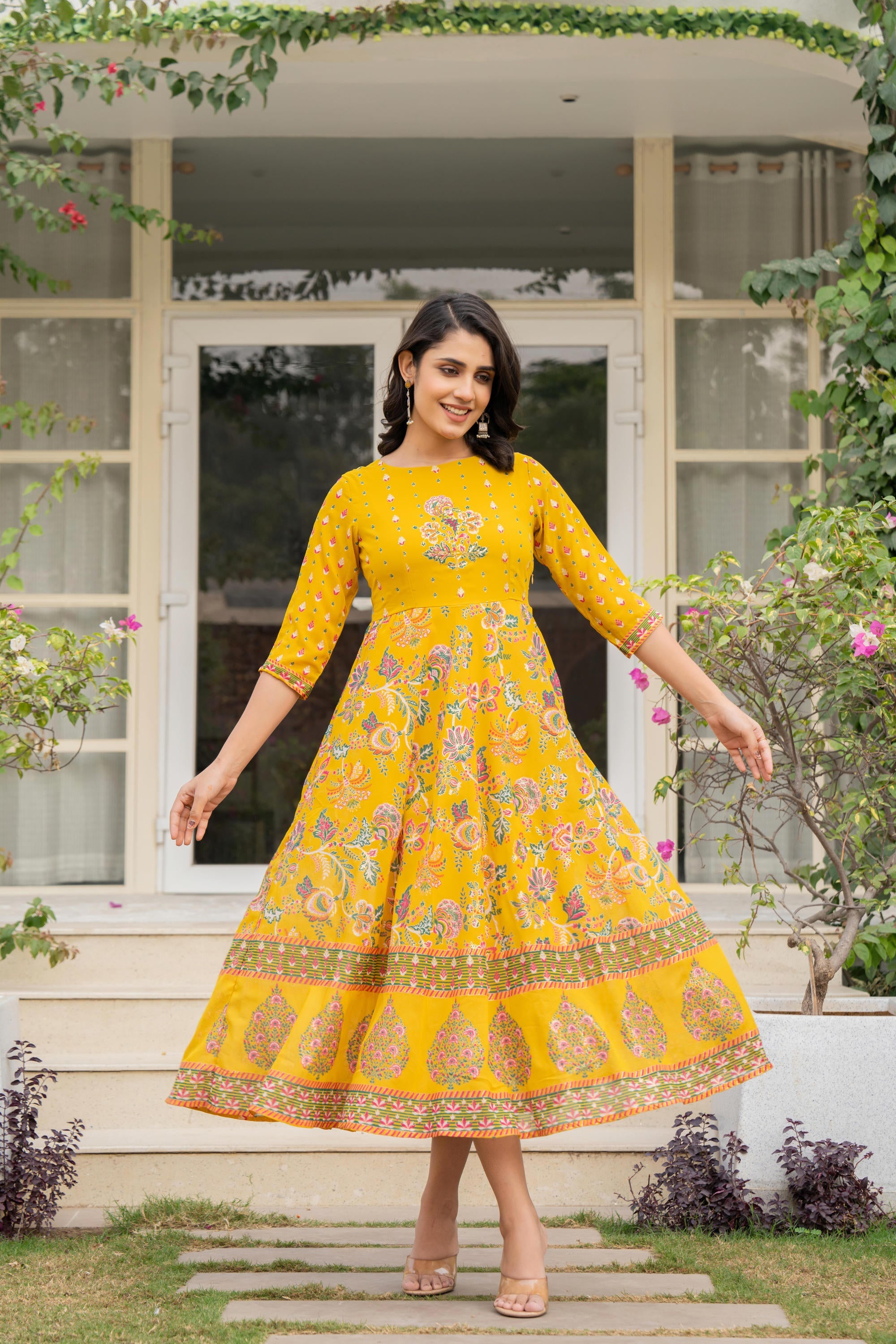 Mustard Floral Printed Georgette Dress With Sequins