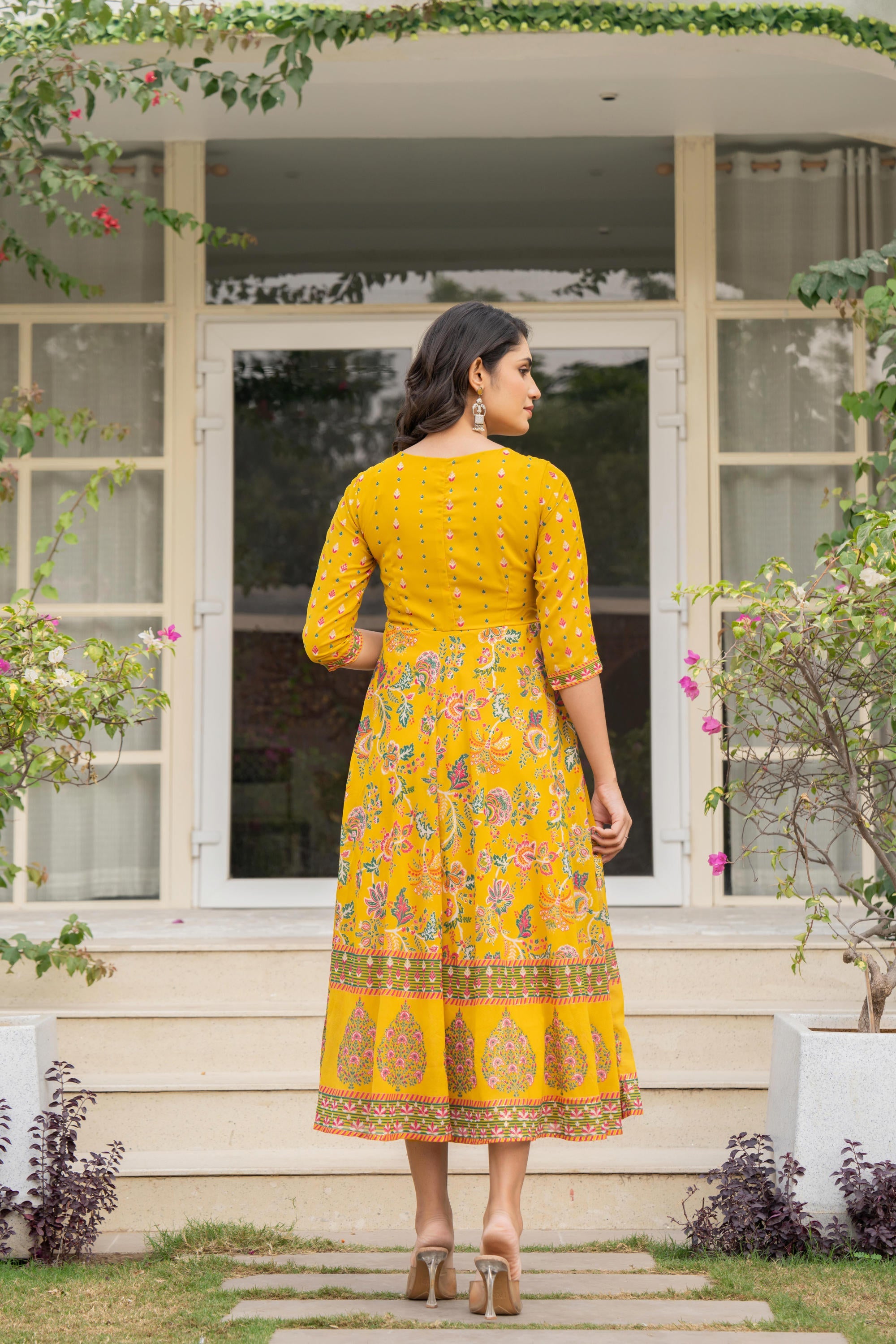 Mustard Floral Printed Georgette Dress With Sequins