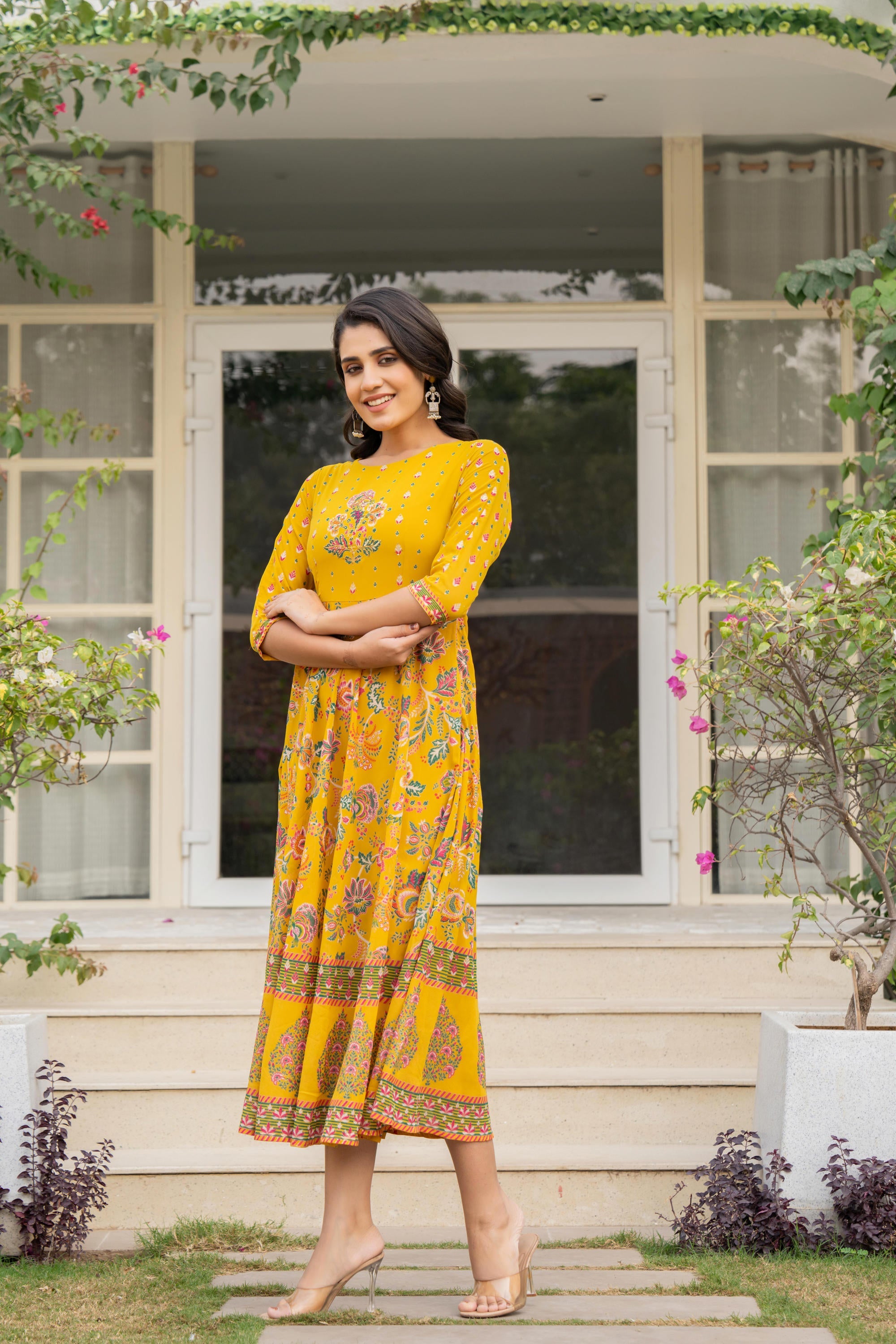 Mustard Floral Printed Georgette Dress With Sequins