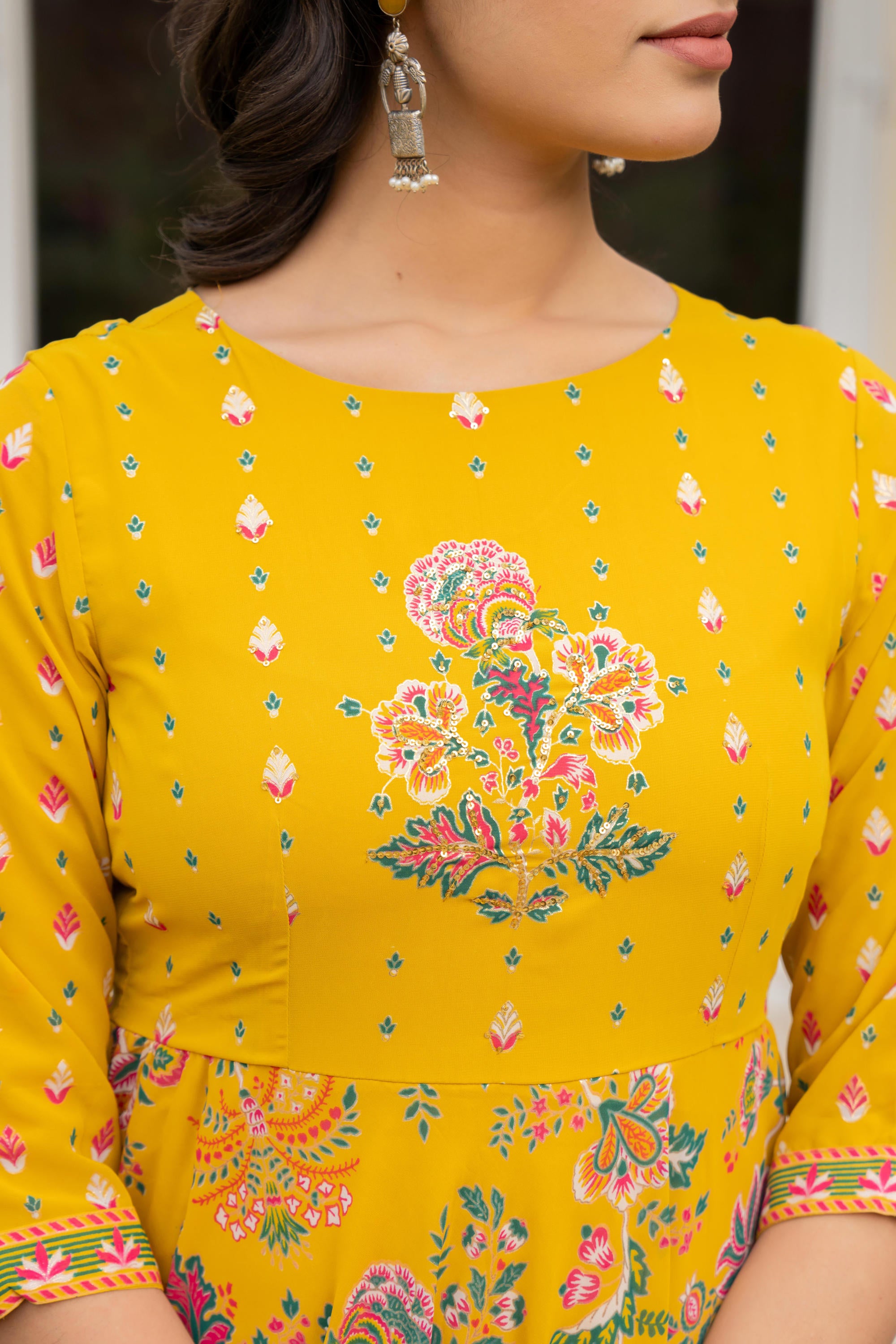 Mustard Floral Printed Georgette Dress With Sequins