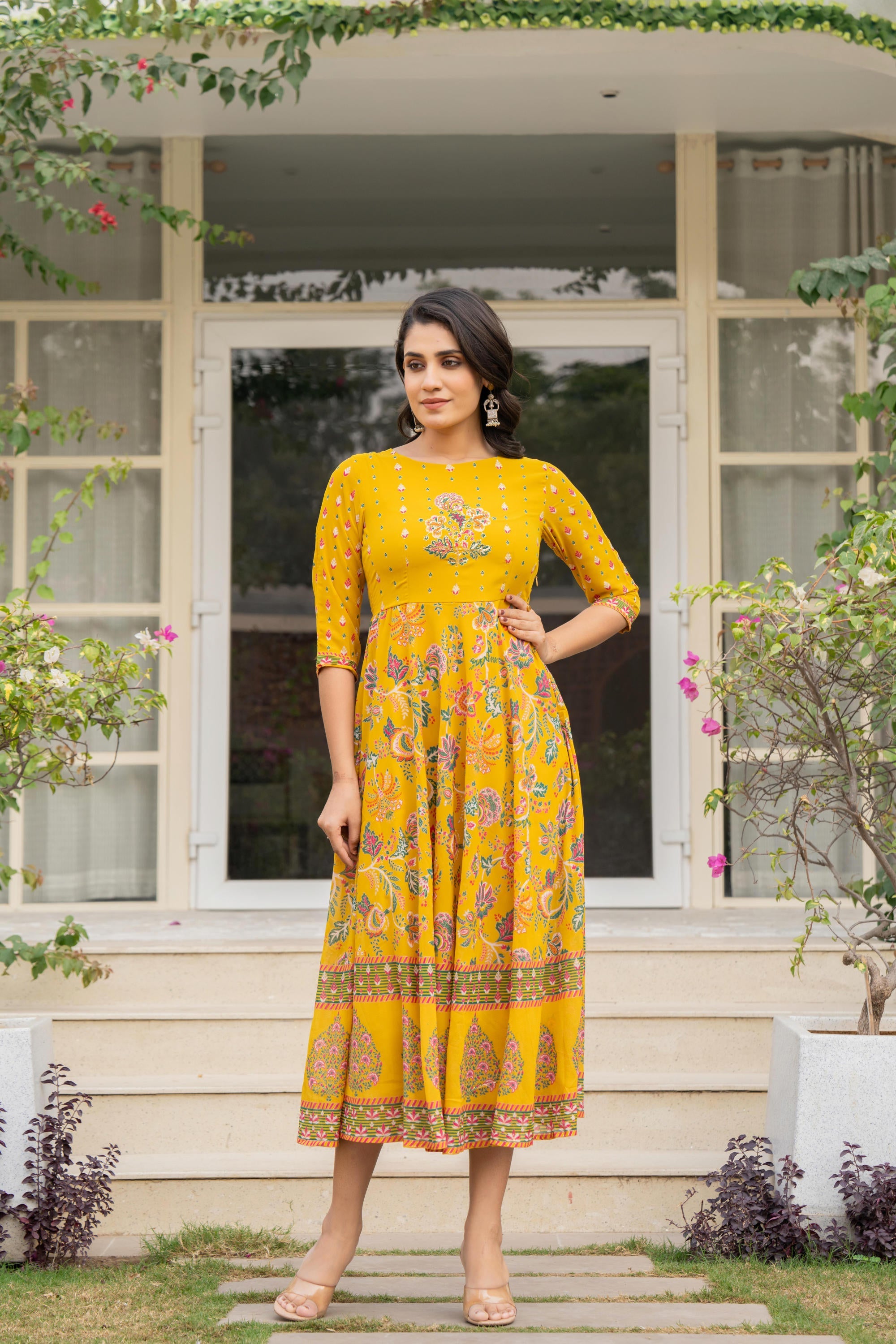 Mustard Floral Printed Georgette Dress With Sequins