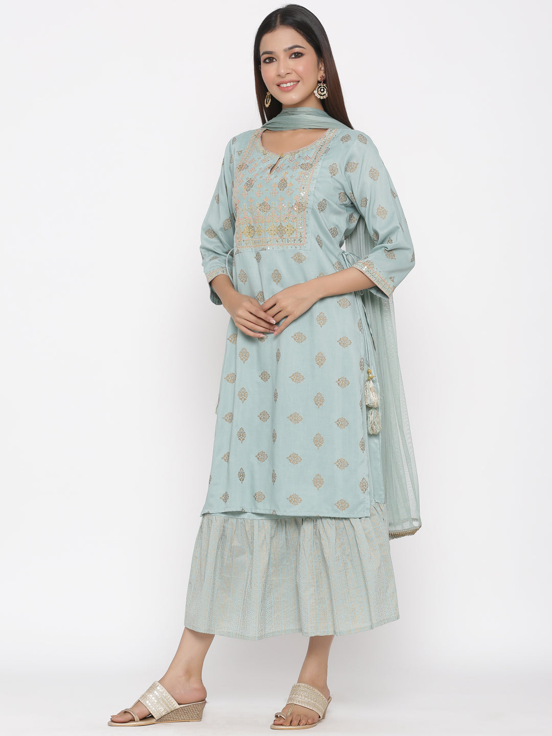 Mint Ethnic Motif Printed & Embroidered Muslin Kurta Palazzo & Net Dupatta Set