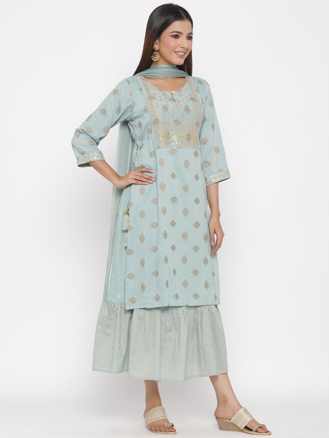 Mint Ethnic Motif Printed & Embroidered Muslin Kurta Palazzo & Net Dupatta Set