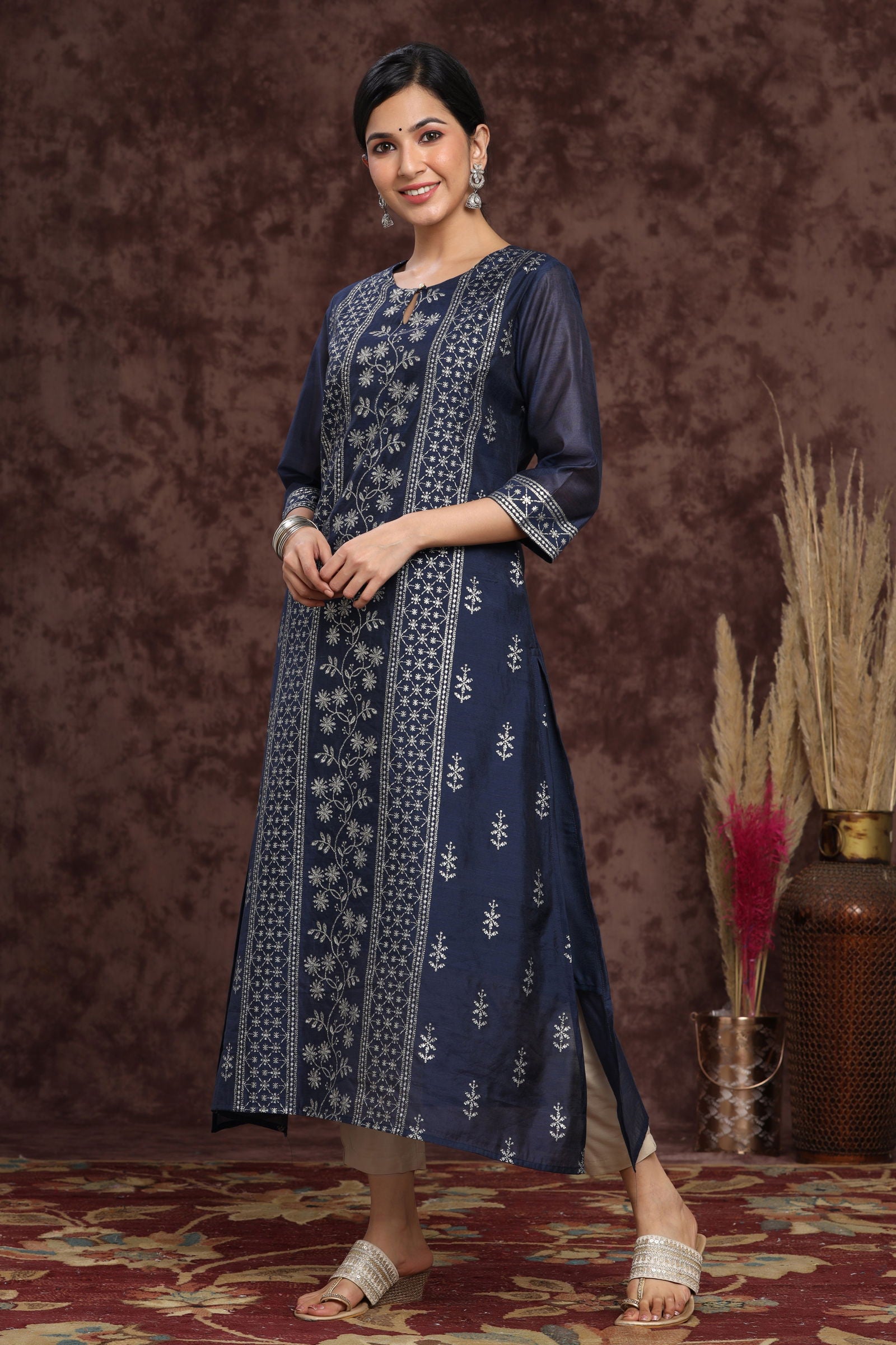 Indigo Floral Printed Chanderi A-line Kurta