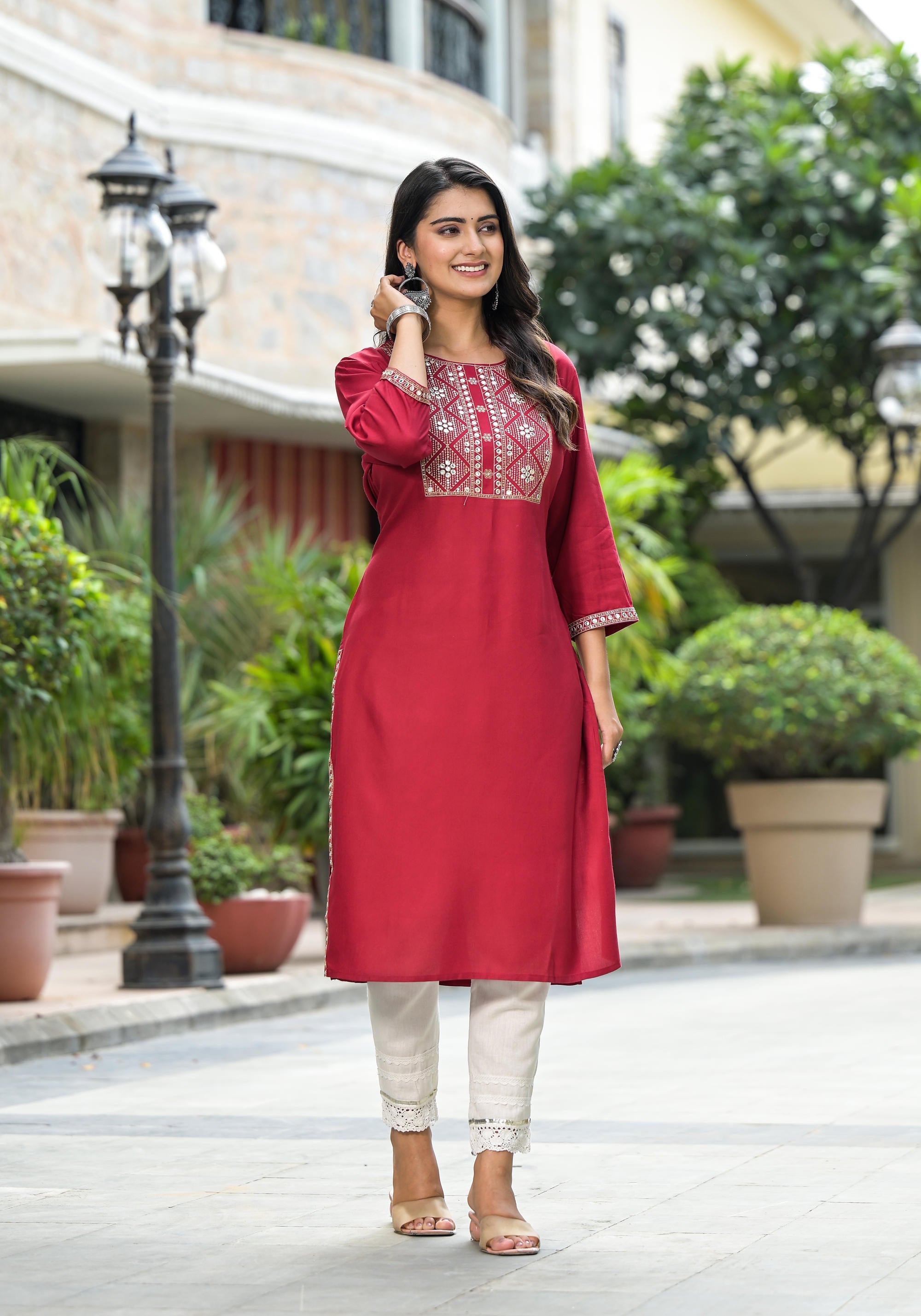 Maroon Solid Rayon Kurti With Mirror Work & Sequins