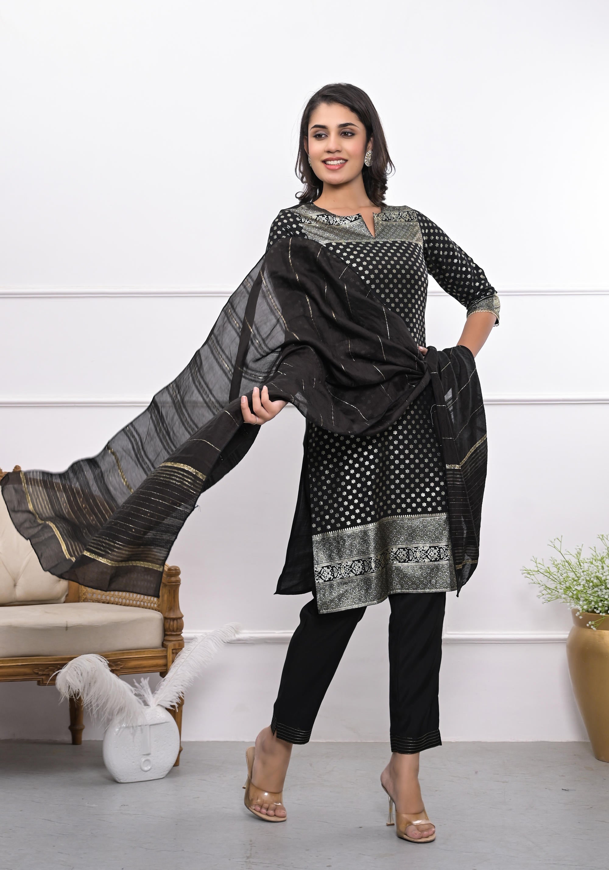 Black Ethnic Motif Printed Silk Kurta Set With Zari Work