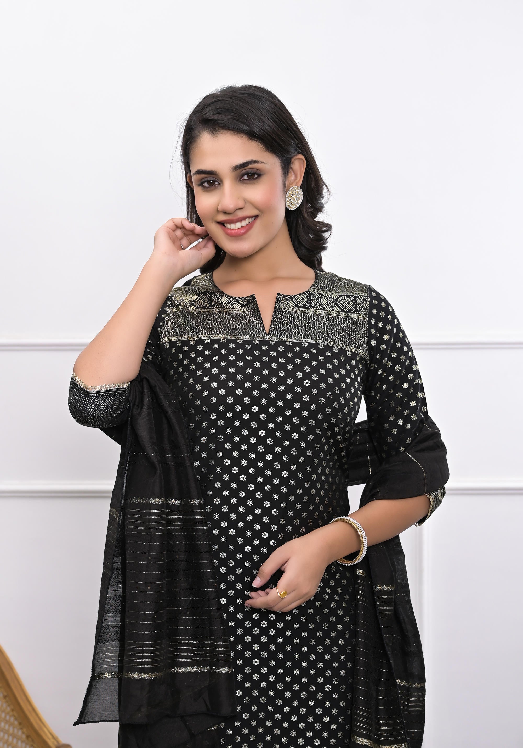 Black Ethnic Motif Printed Silk Kurta Set With Zari Work