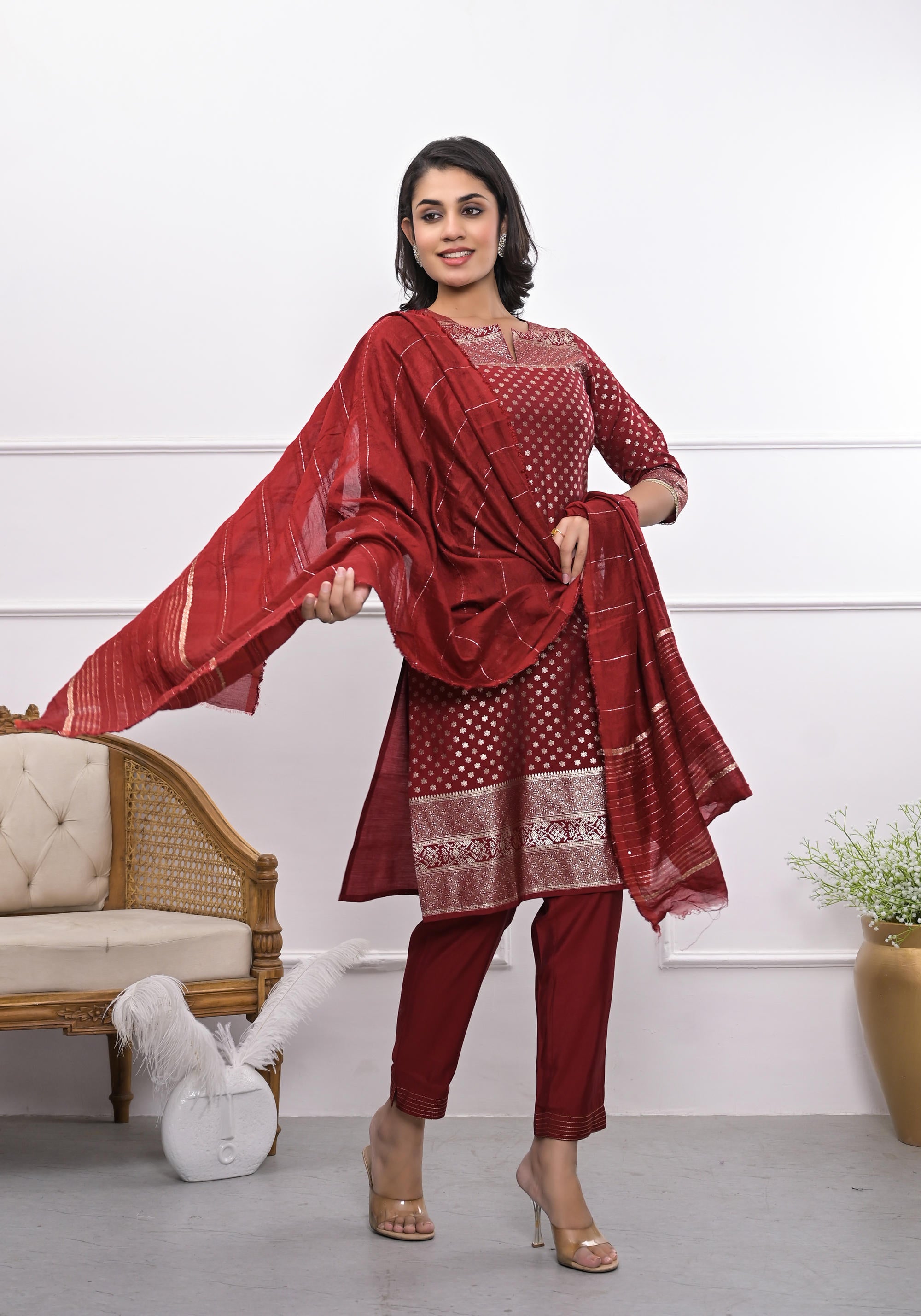 Maroon Ethnic Motif Printed Silk Kurta Set With Zari Work
