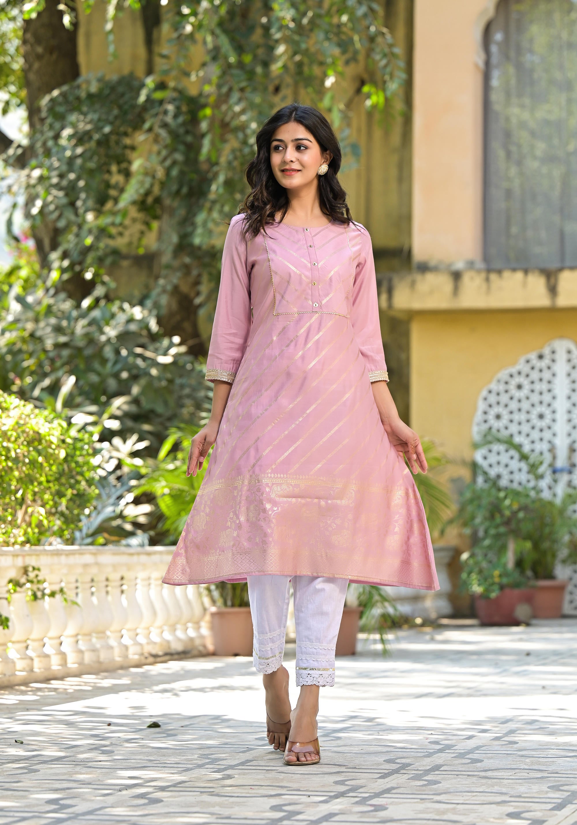 Pink Floral Printed A-Line Tusser Silk Kurta