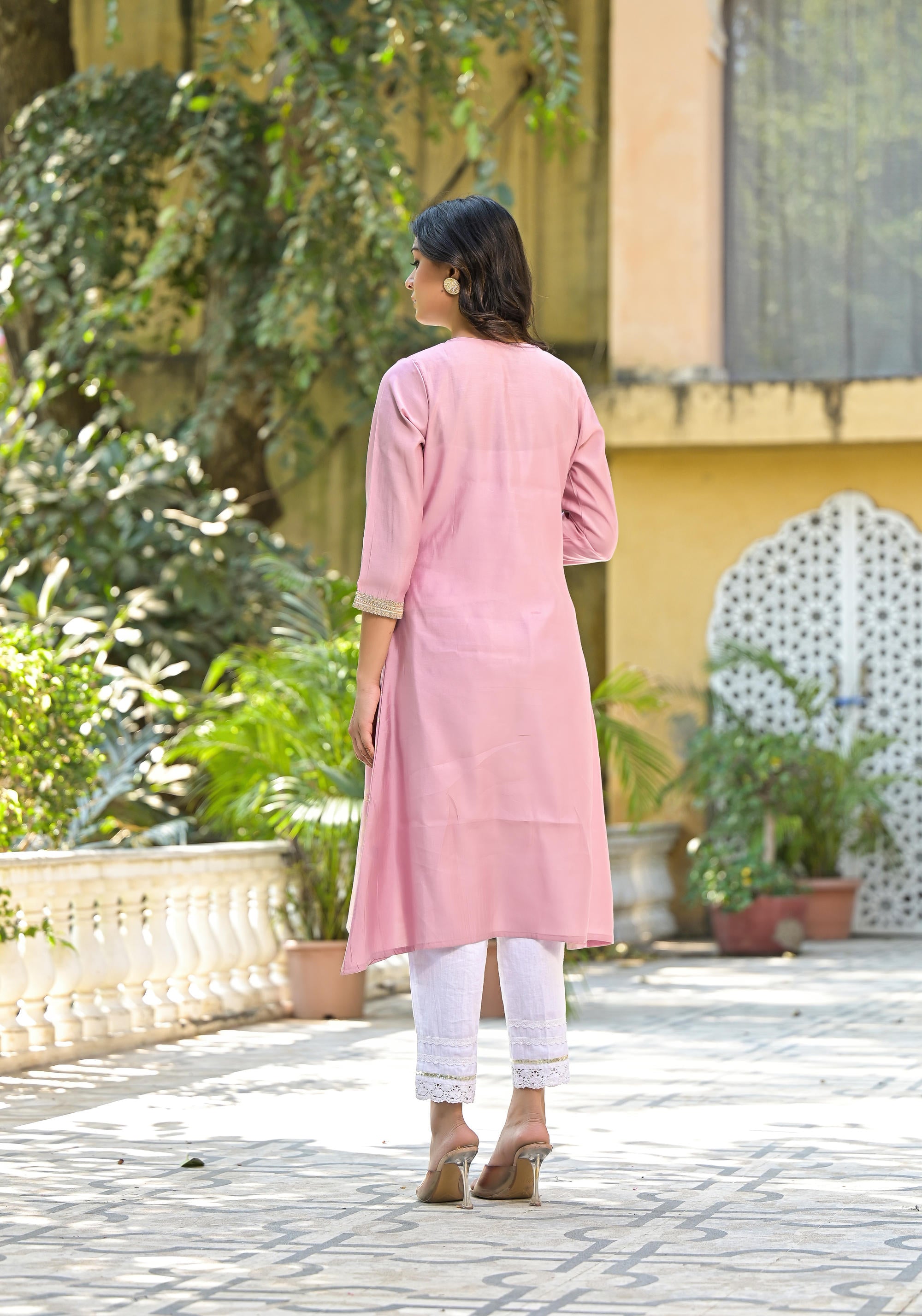 Pink Floral Printed A-Line Tusser Silk Kurta