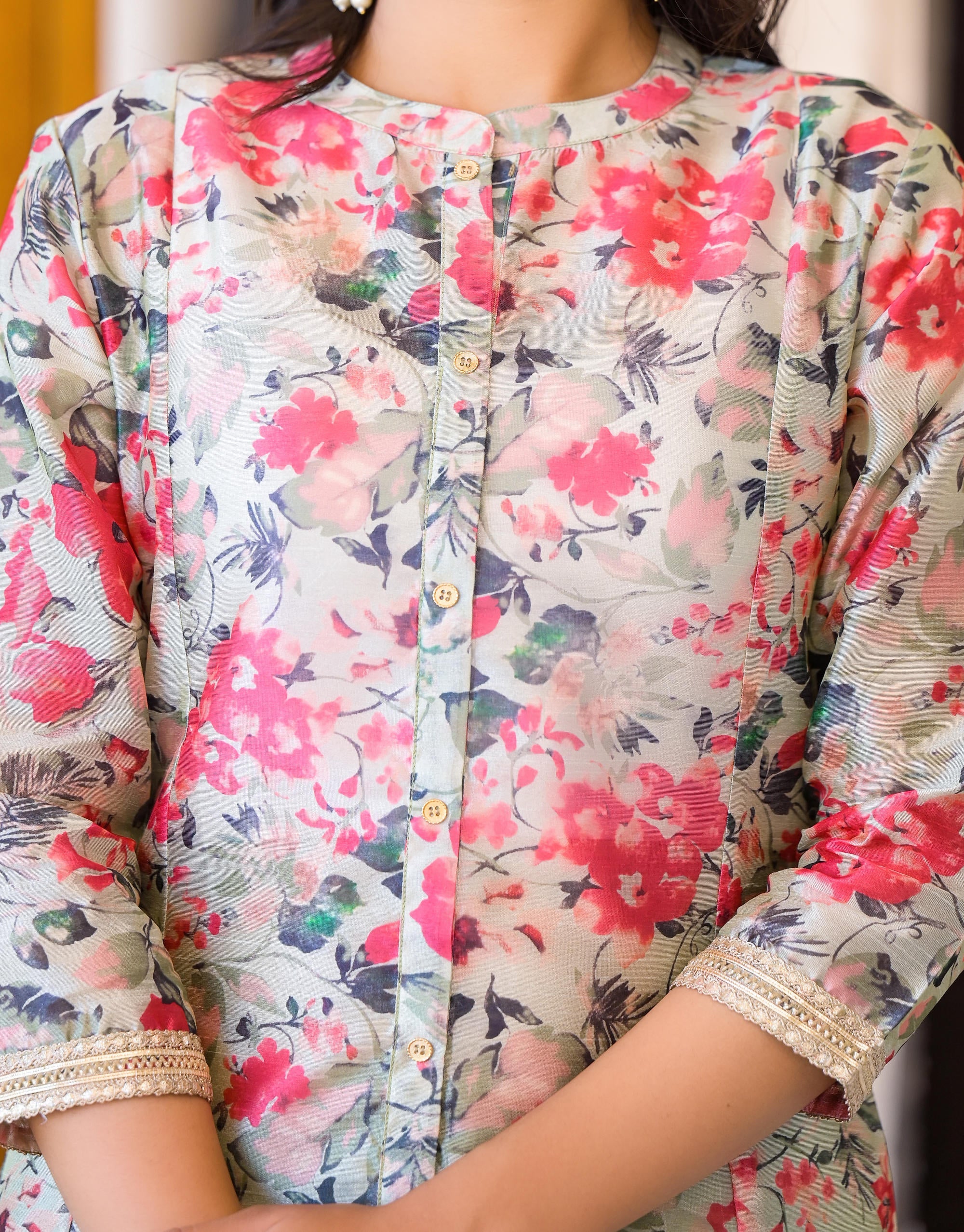 Off White Floral Printed Silk Kurta Set With Sequins & Buttons