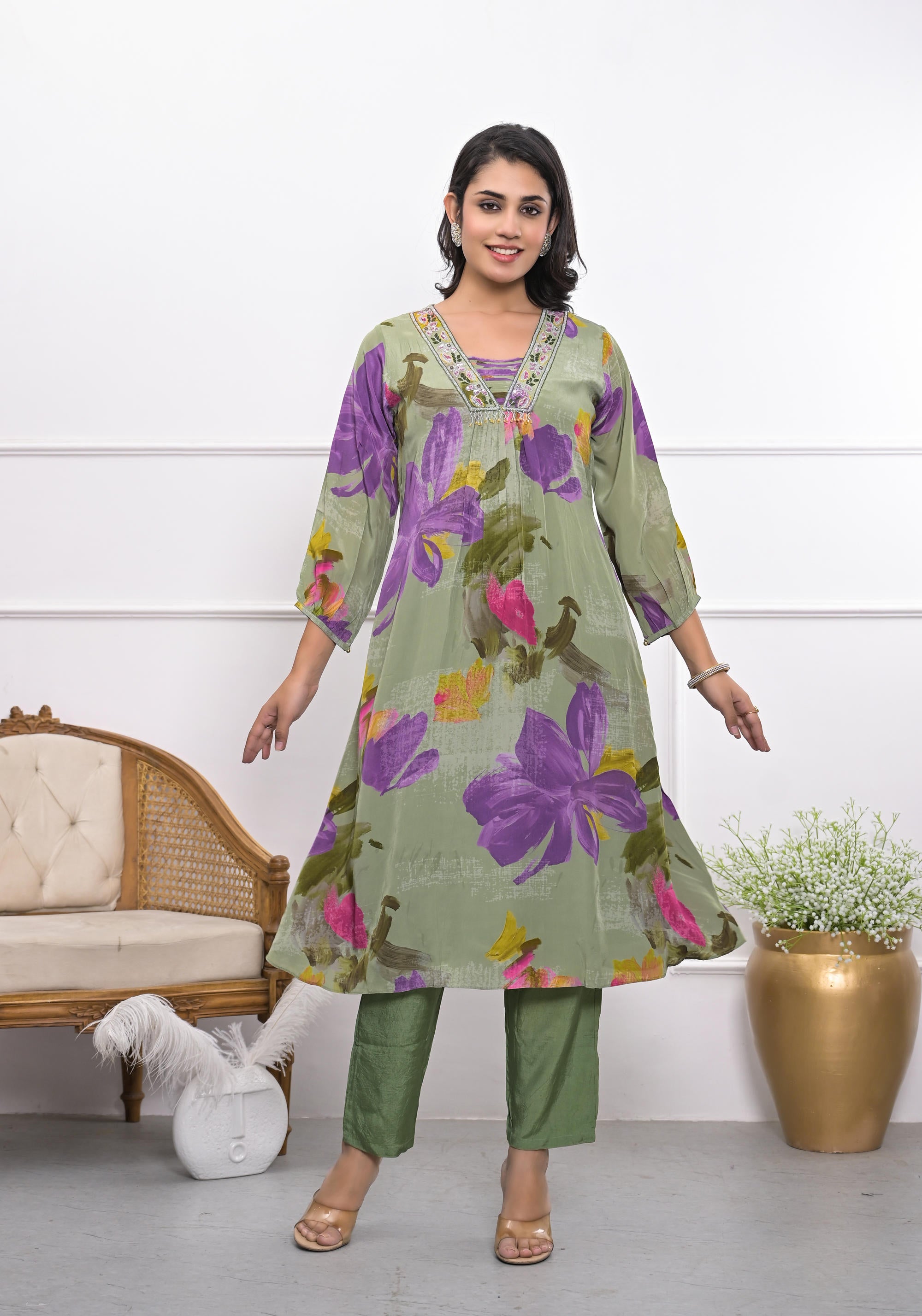 Green digital crape floral A-line kurta and pant set for women
