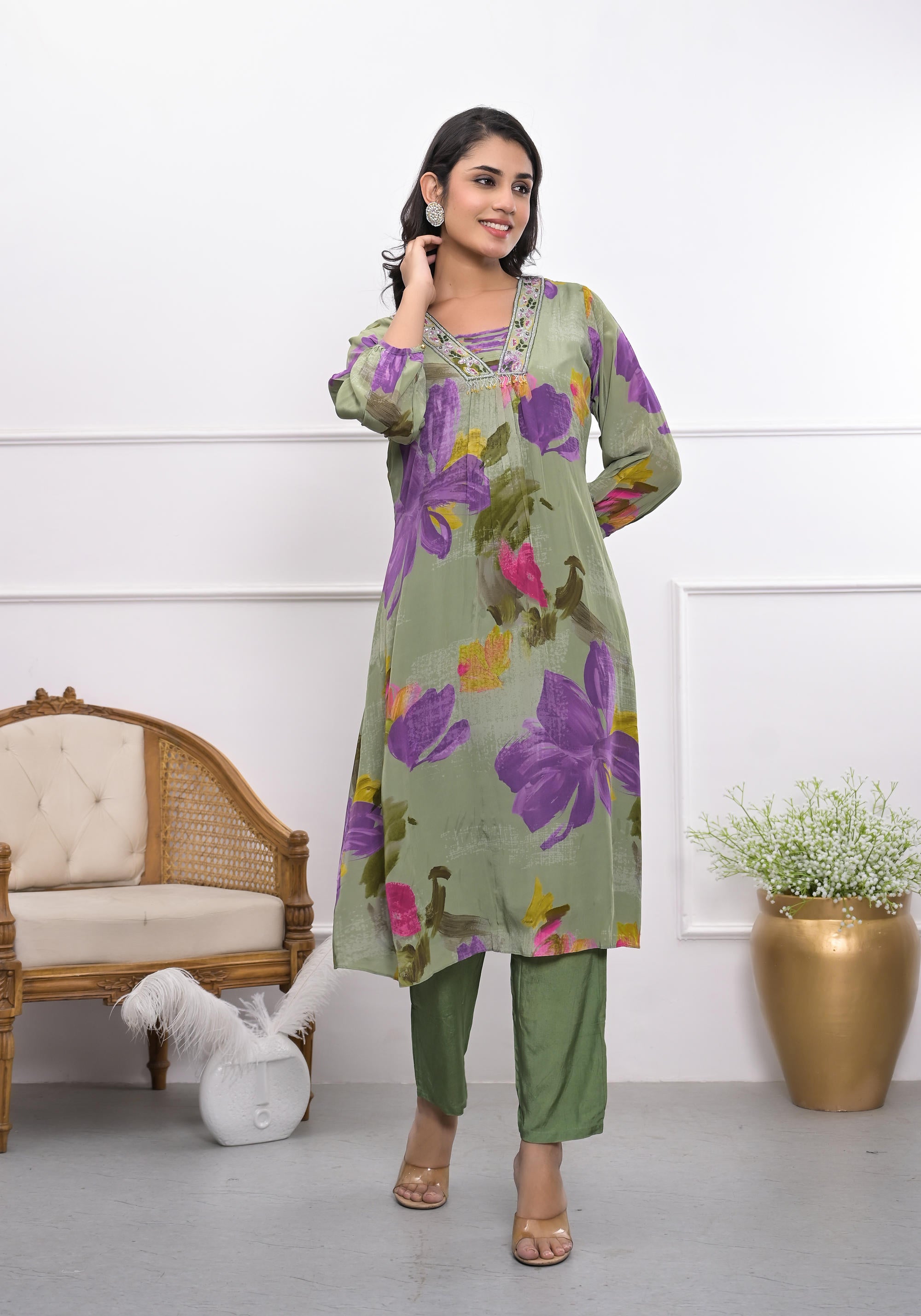 Green digital crape floral A-line kurta and pant set for women