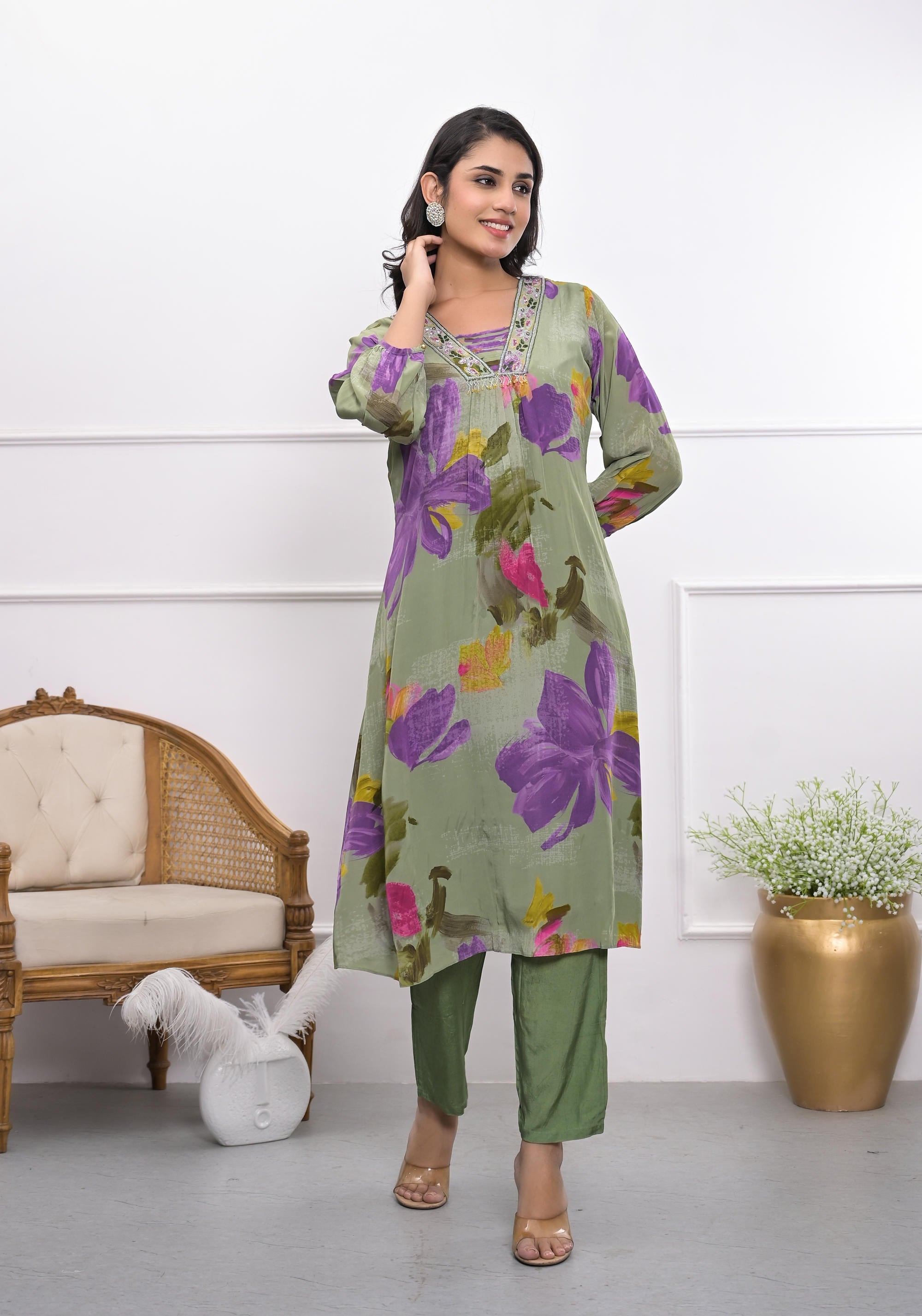 Green digital crape floral A-line kurta and pant set for women