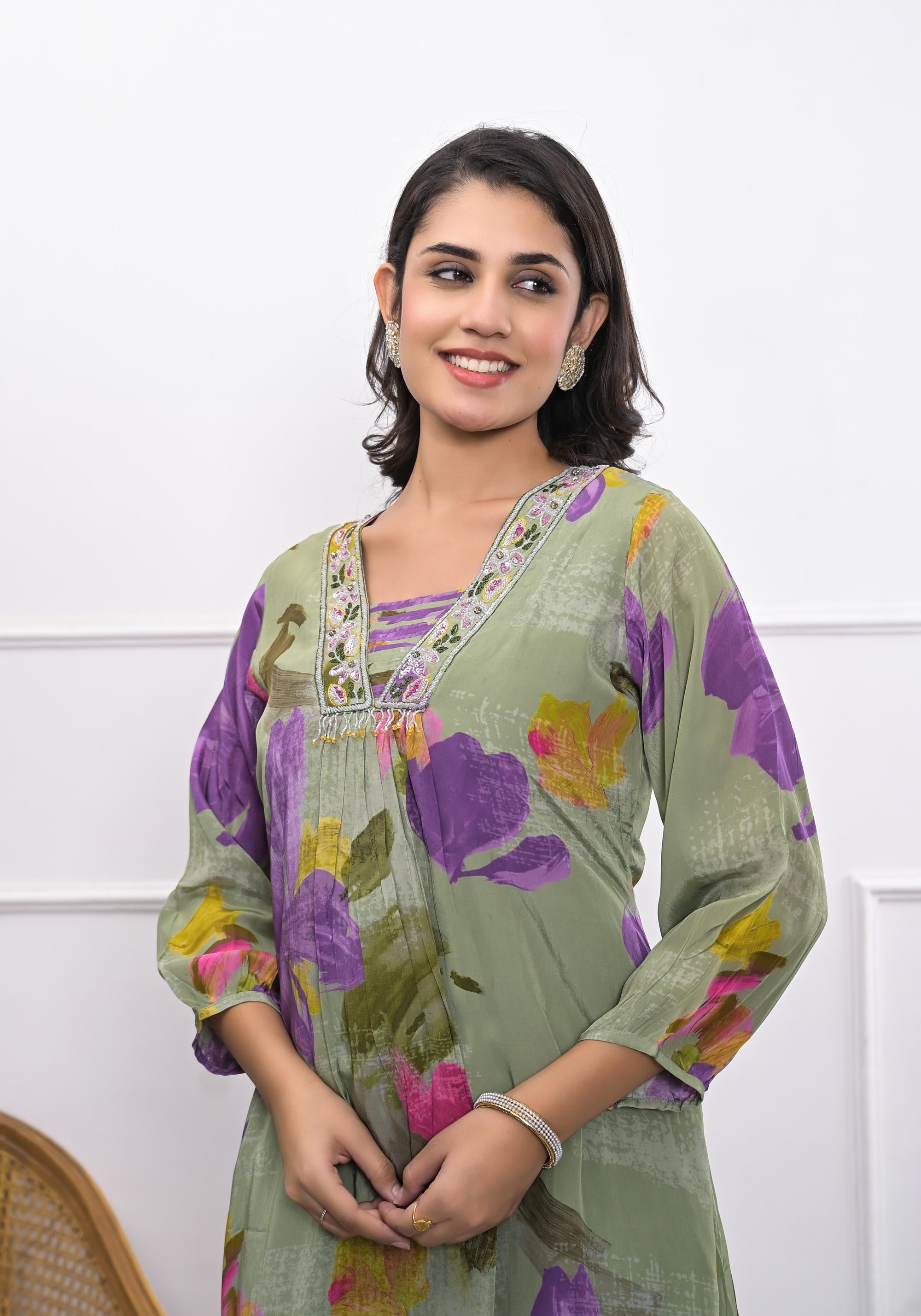 Green digital crape floral A-line kurta and pant set for women