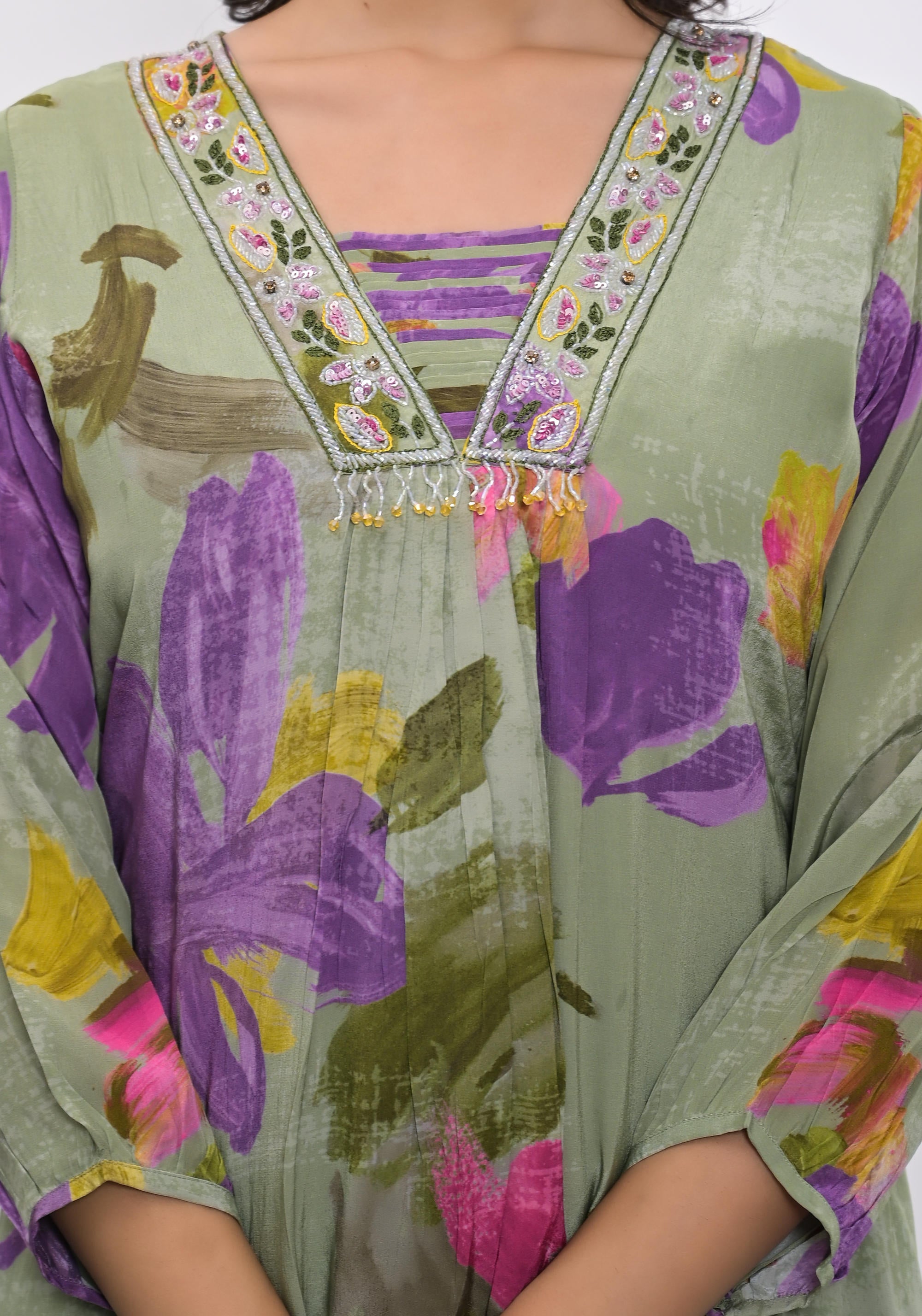 Green digital crape floral A-line kurta and pant set for women