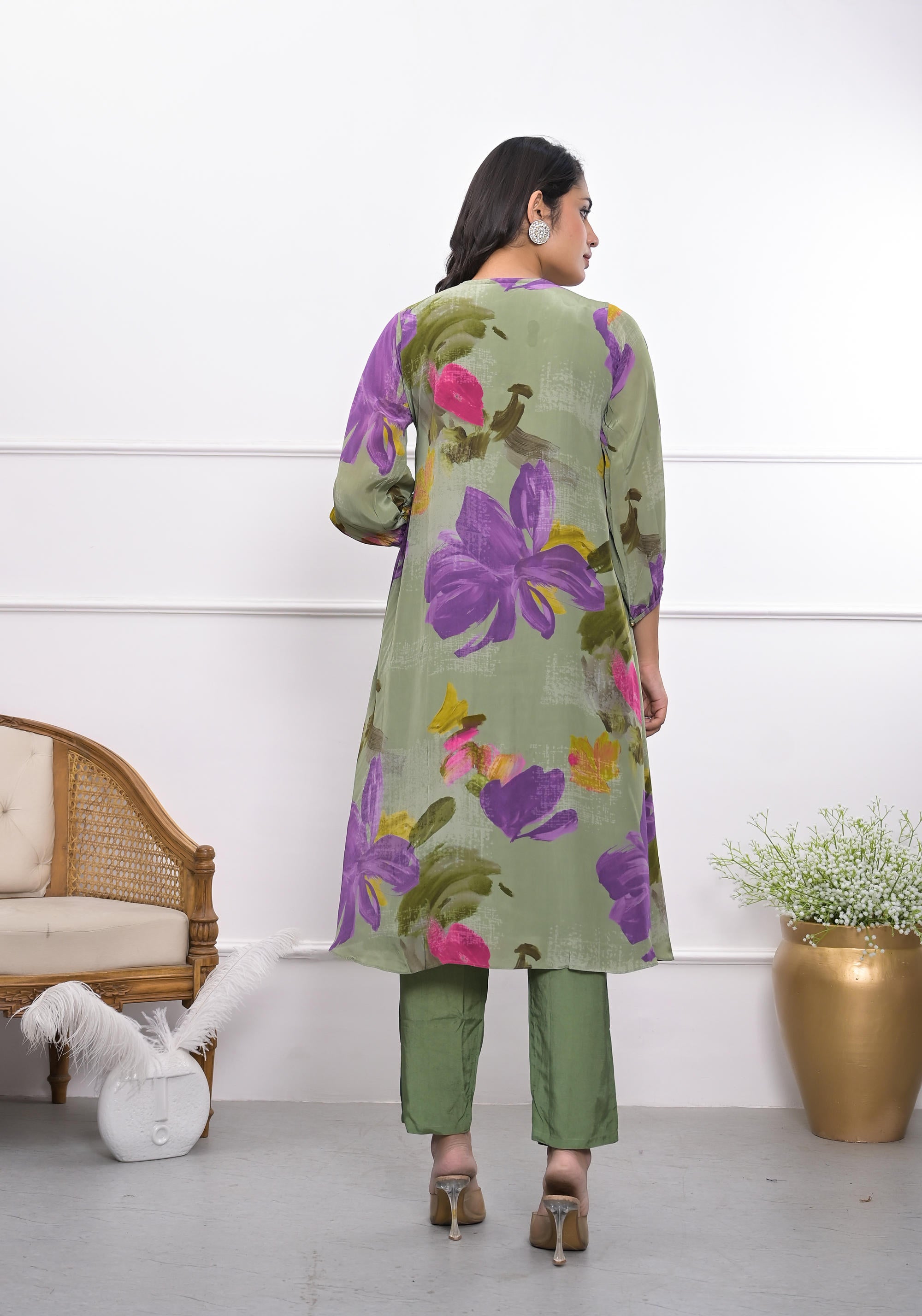 Green digital crape floral A-line kurta and pant set for women