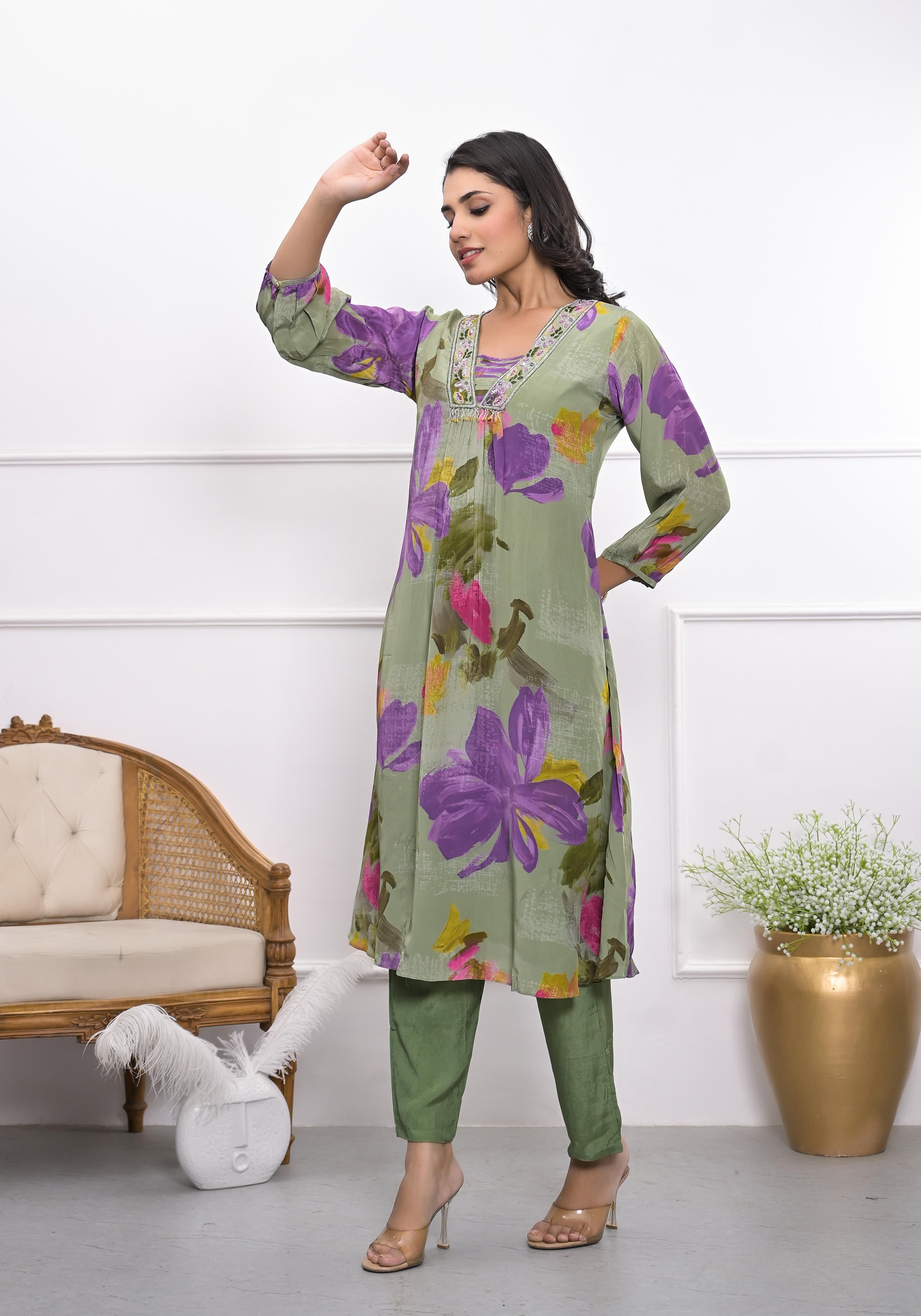 Green digital crape floral A-line kurta and pant set for women