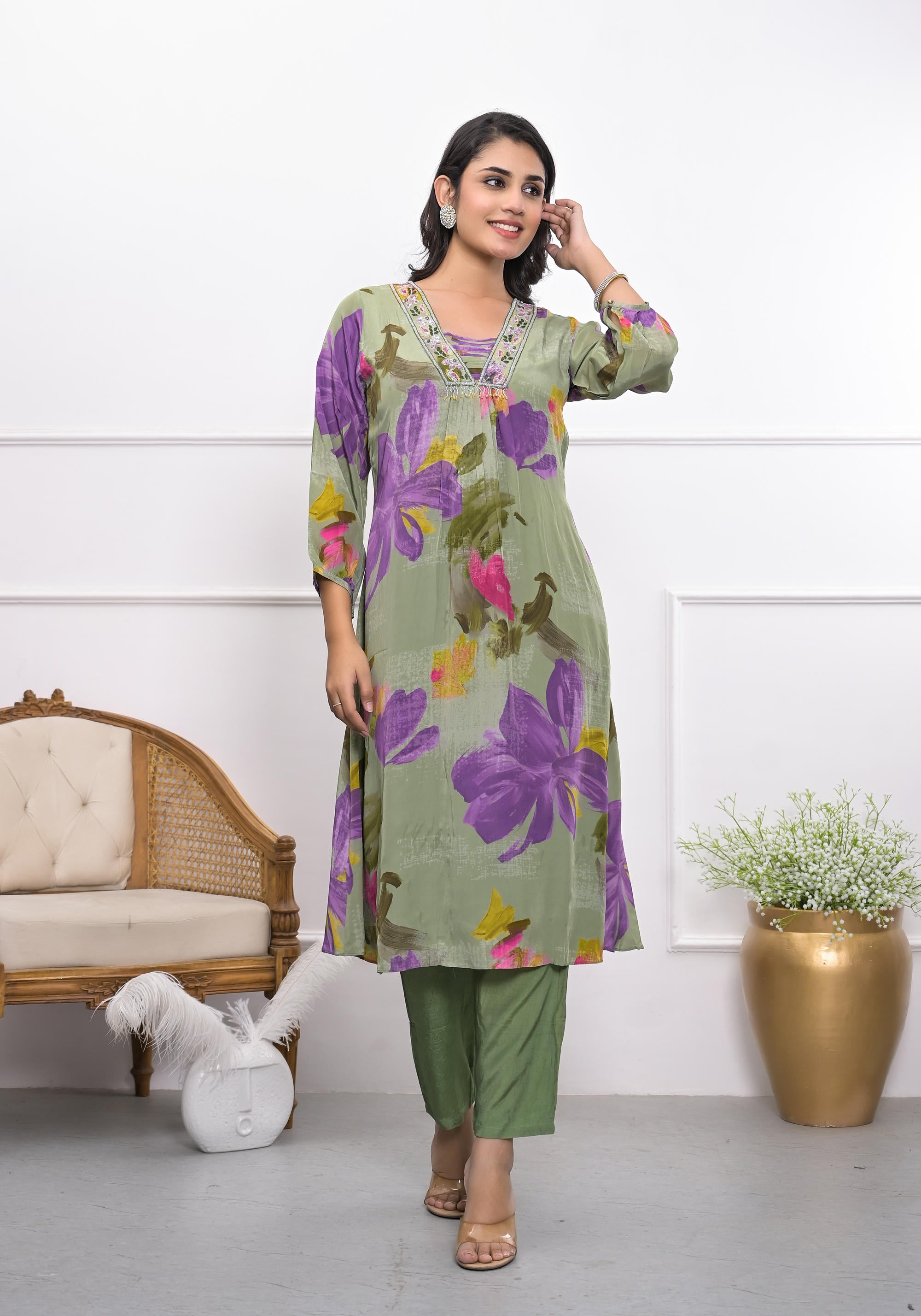 Green digital crape floral A-line kurta and pant set for women