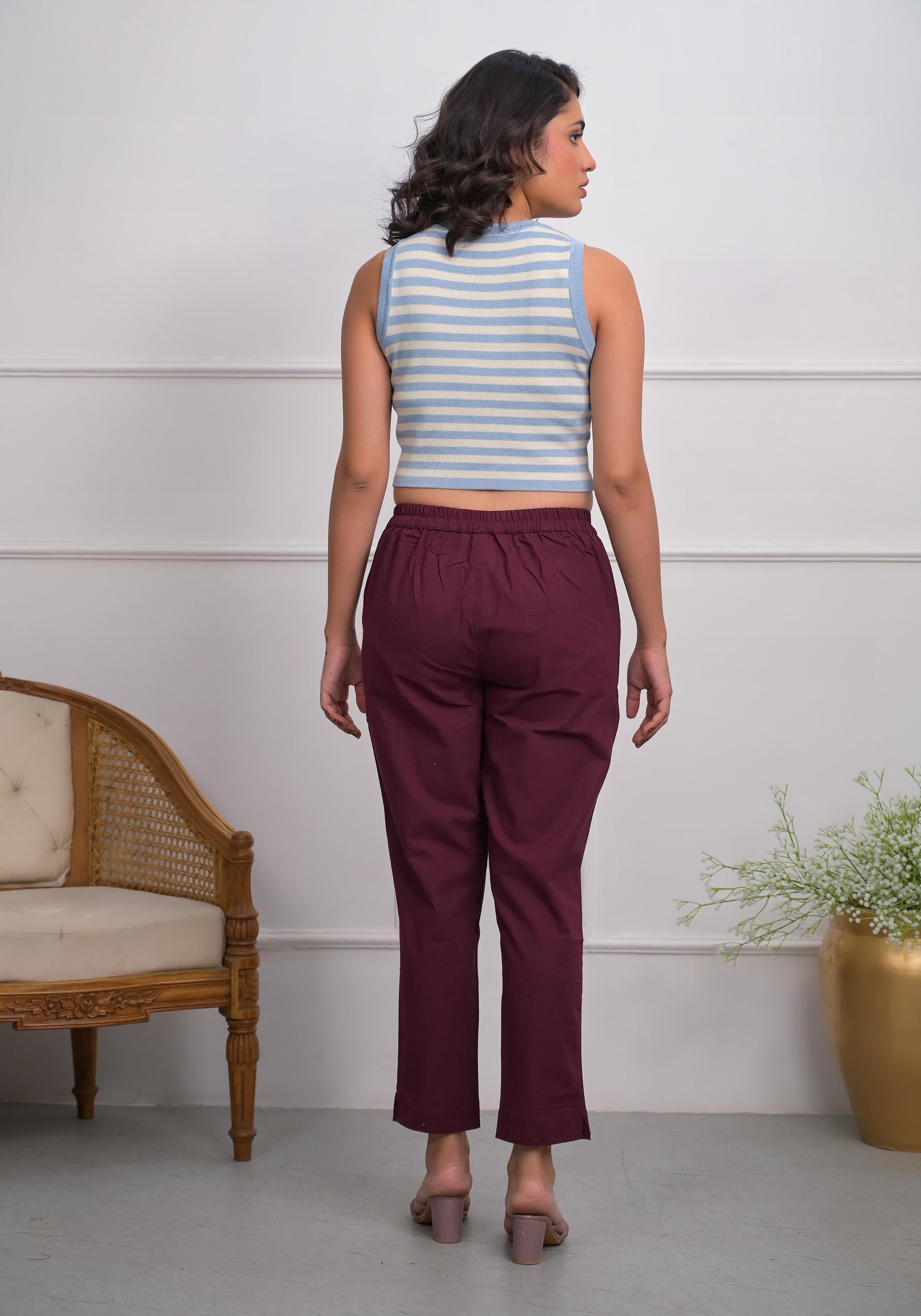 Burgundy Solid Cotton Pants With Partially Elasticated Waistband And Two Side Pockets