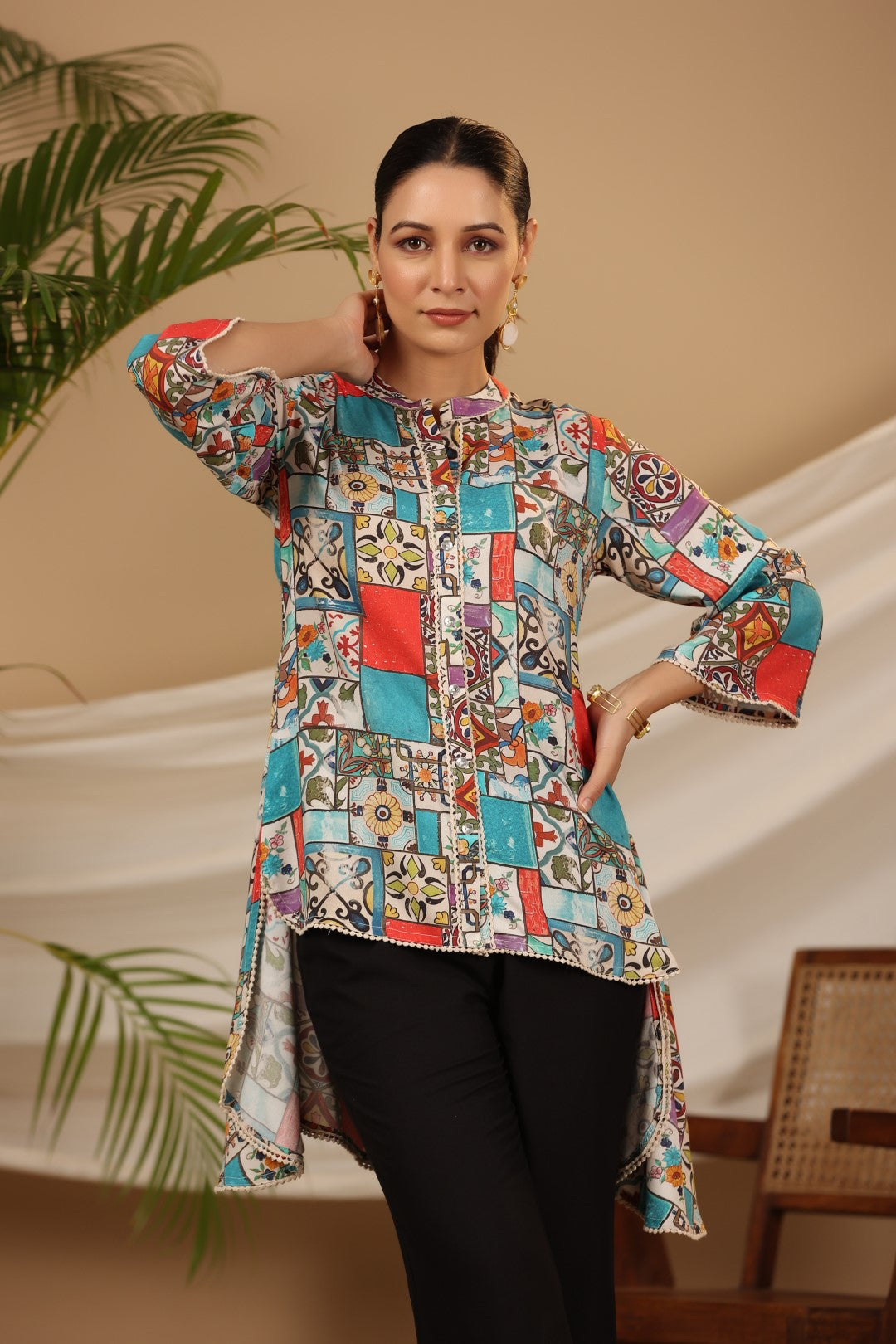 Multi Patchwork Printed Asymmetric Tunic