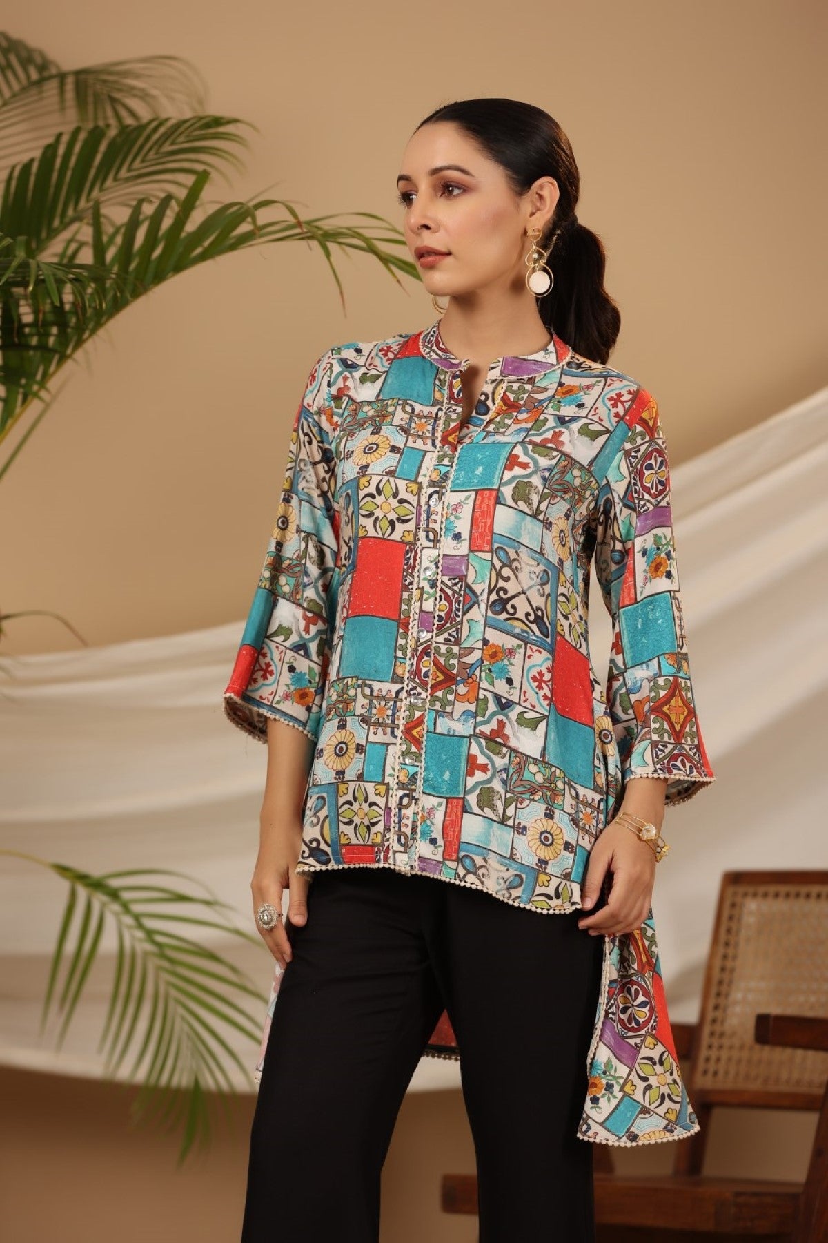 Multi Patchwork Printed Asymmetric Tunic
