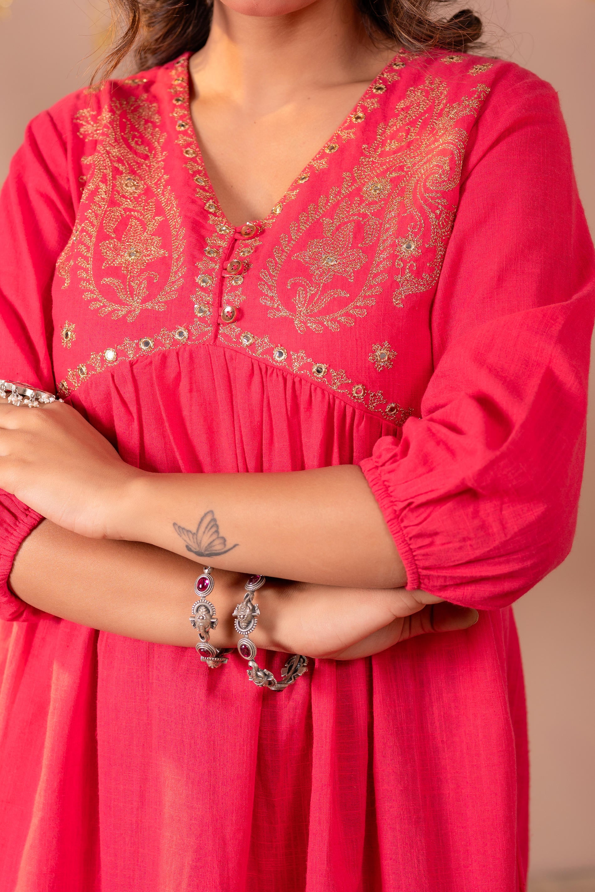 Fuchsia Embroidered Flared Kurti
