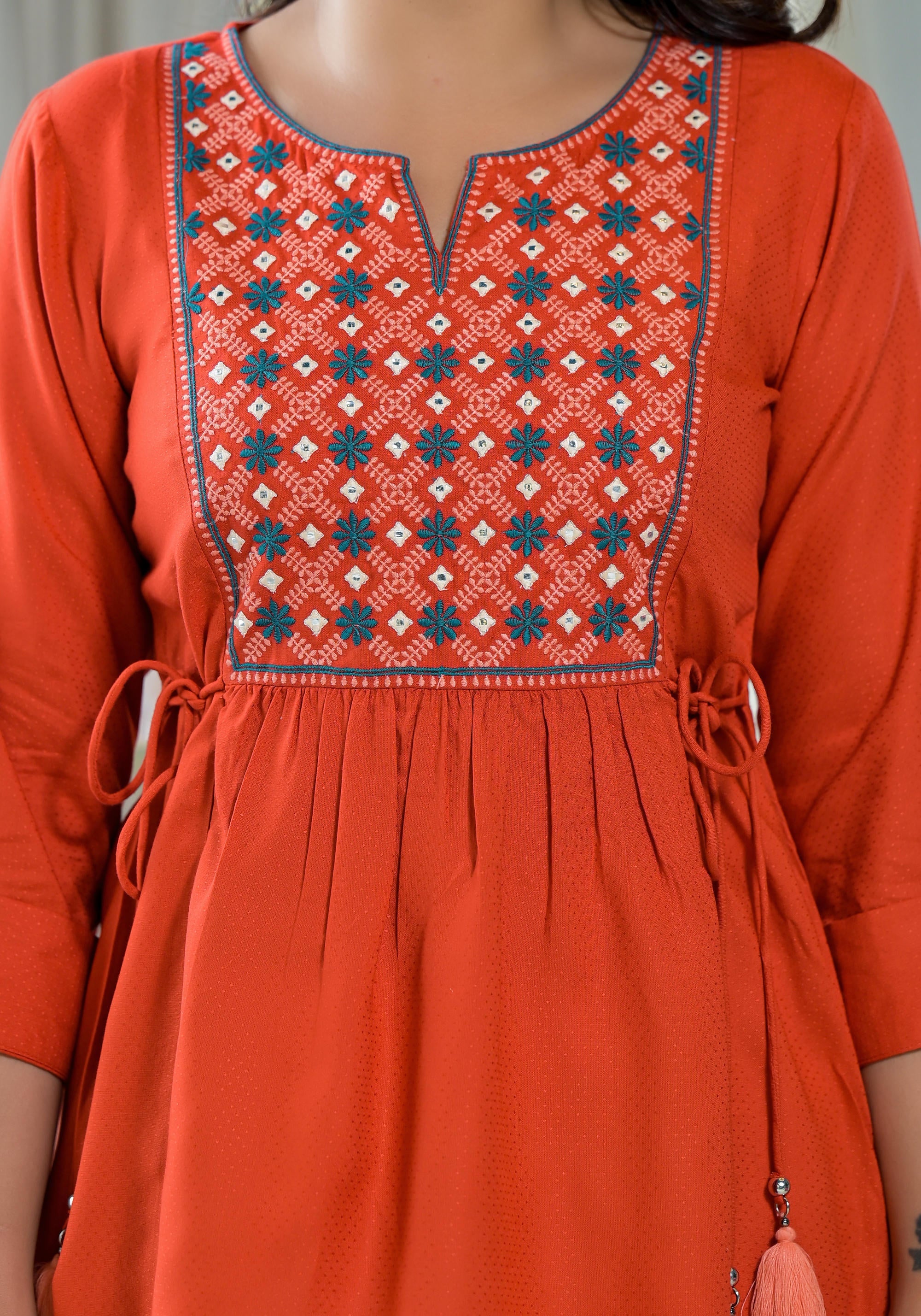 Red Floral Printed Liva Rayon Tunic With Thread Work Embroidery