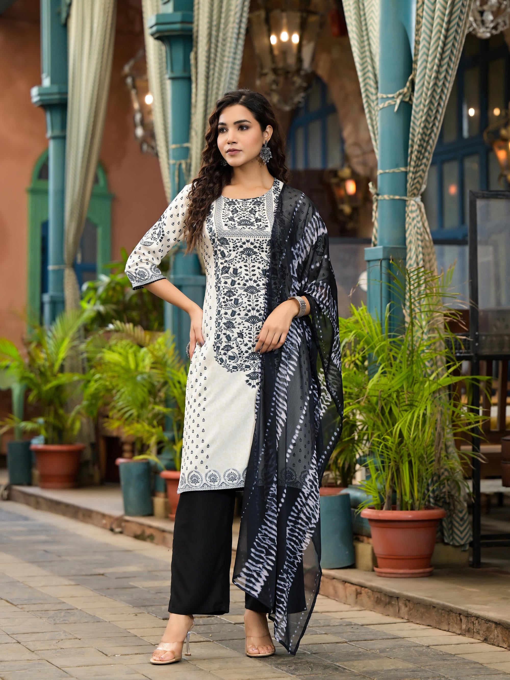 White & Black Printed Liva Rayon Kurta Set With Lace