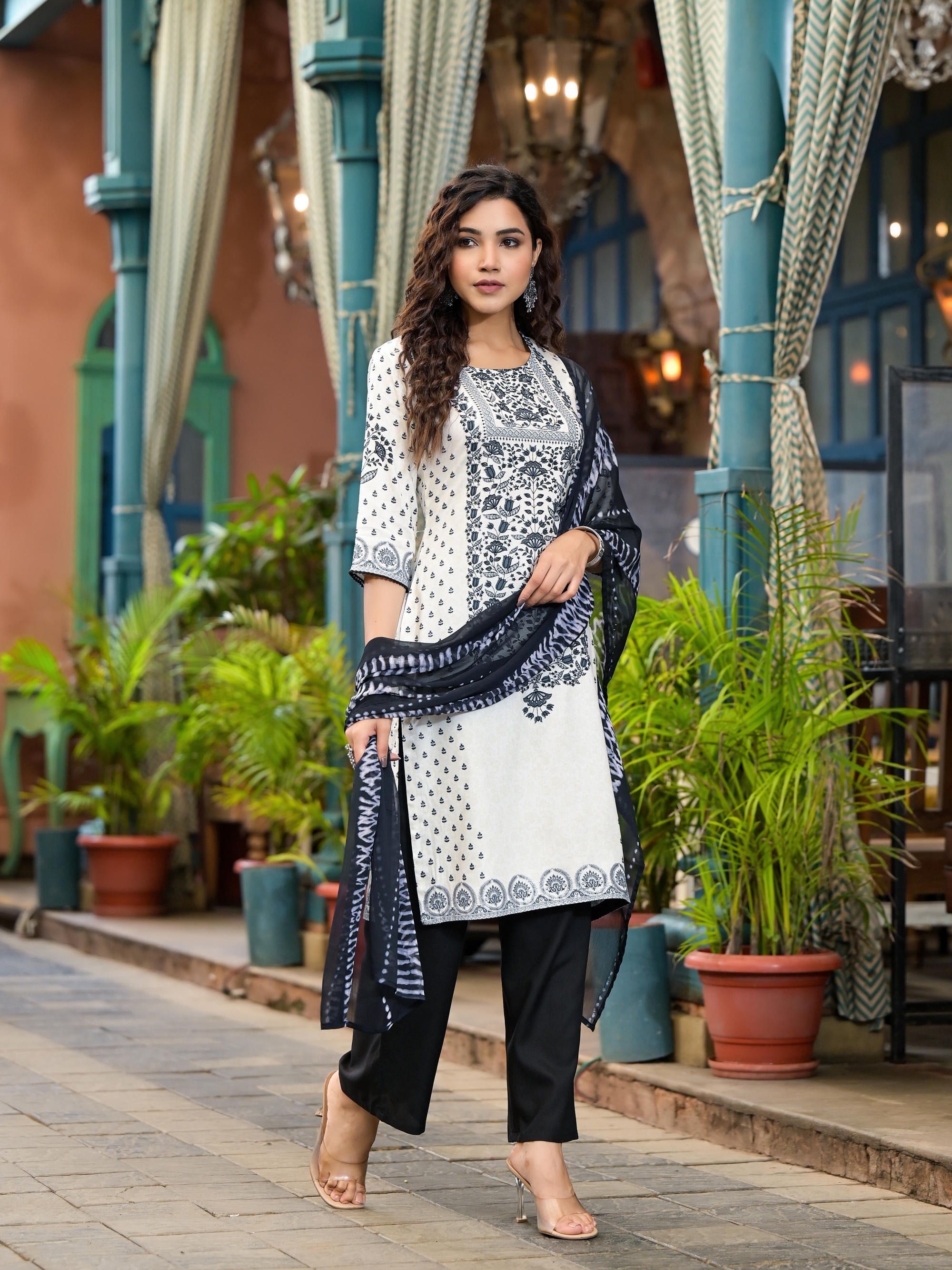 White & Black Printed Liva Rayon Kurta Set With Lace