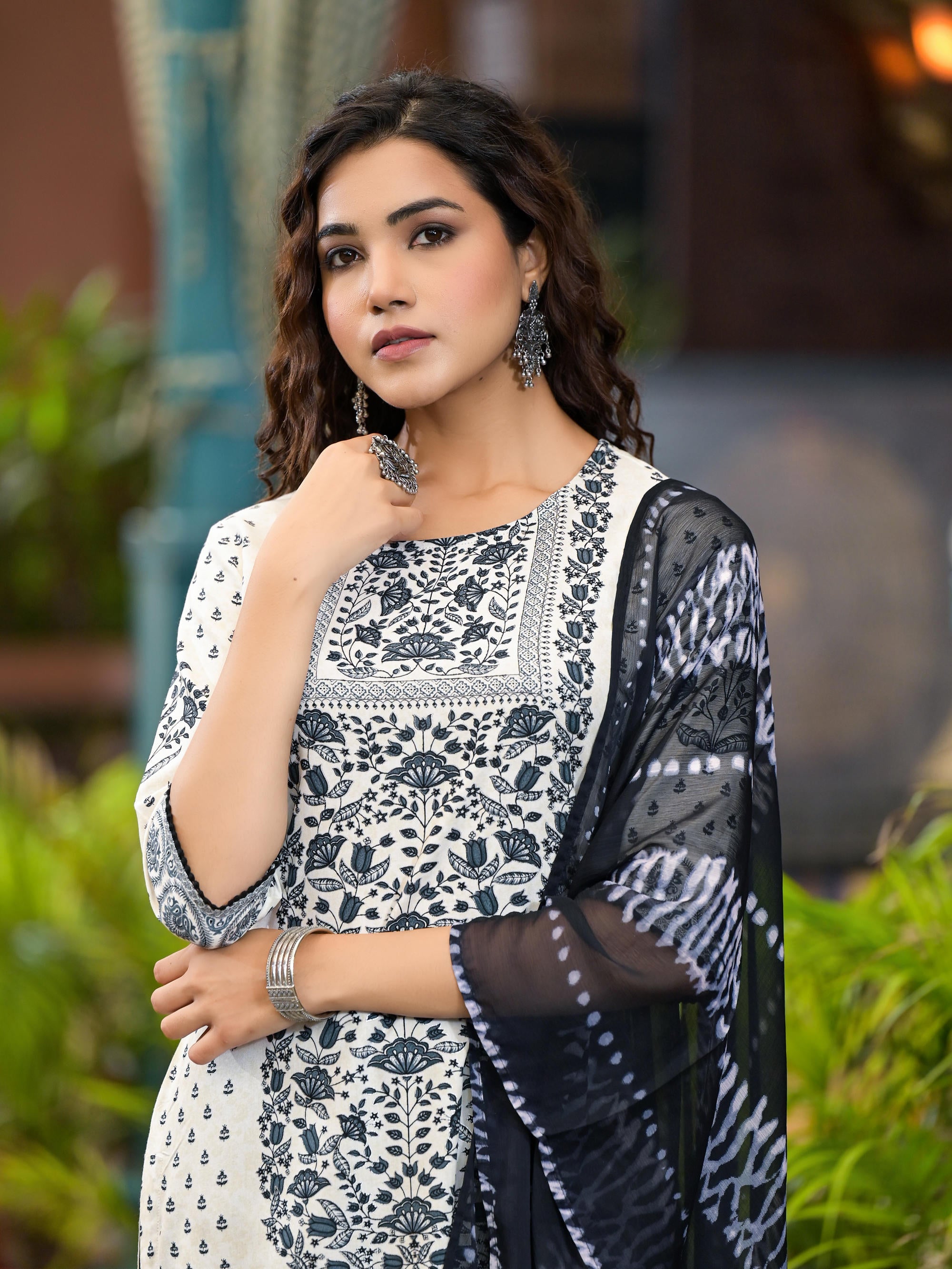 White & Black Printed Liva Rayon Kurta Set With Lace