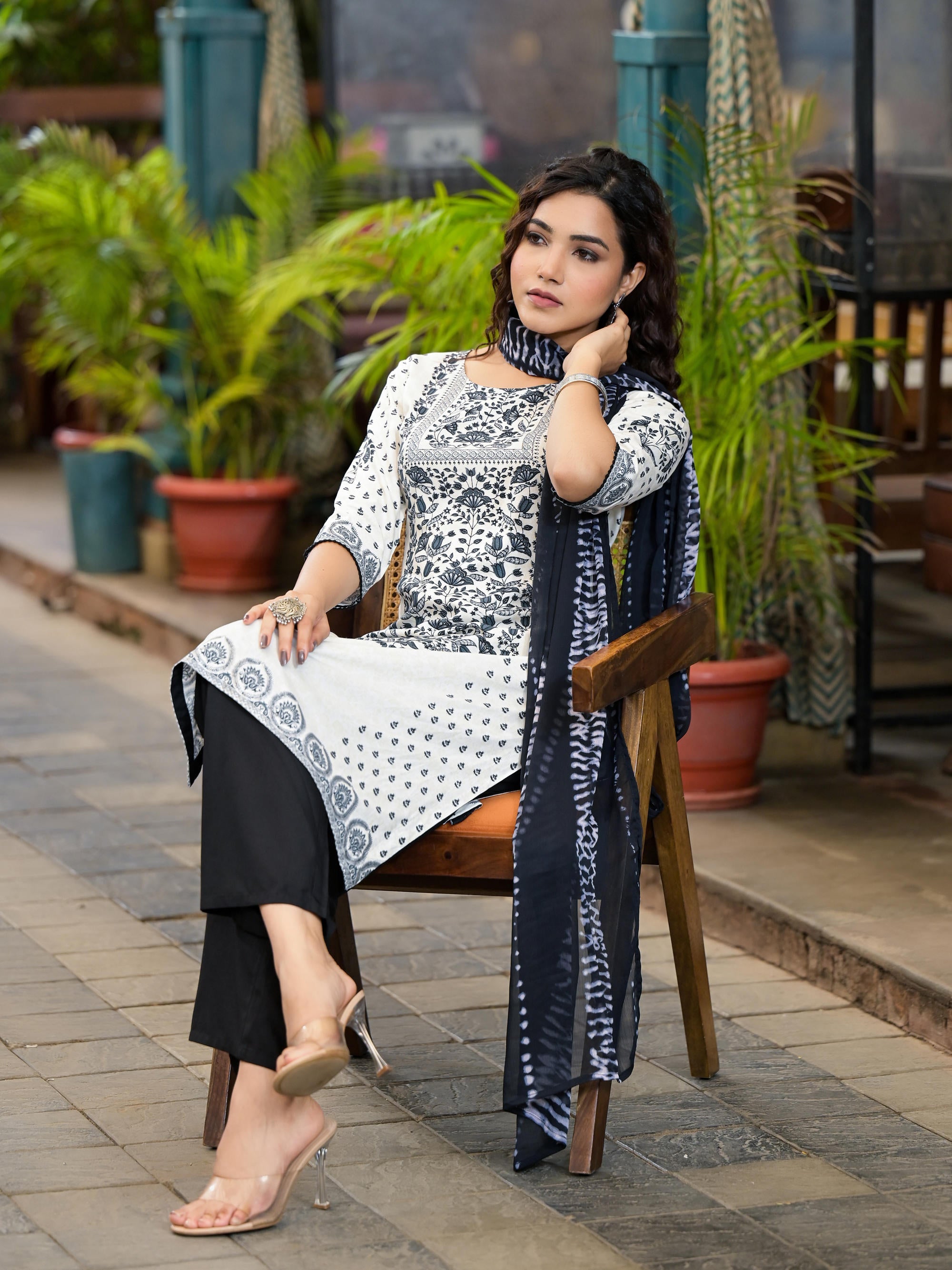 White & Black Printed Liva Rayon Kurta Set With Lace