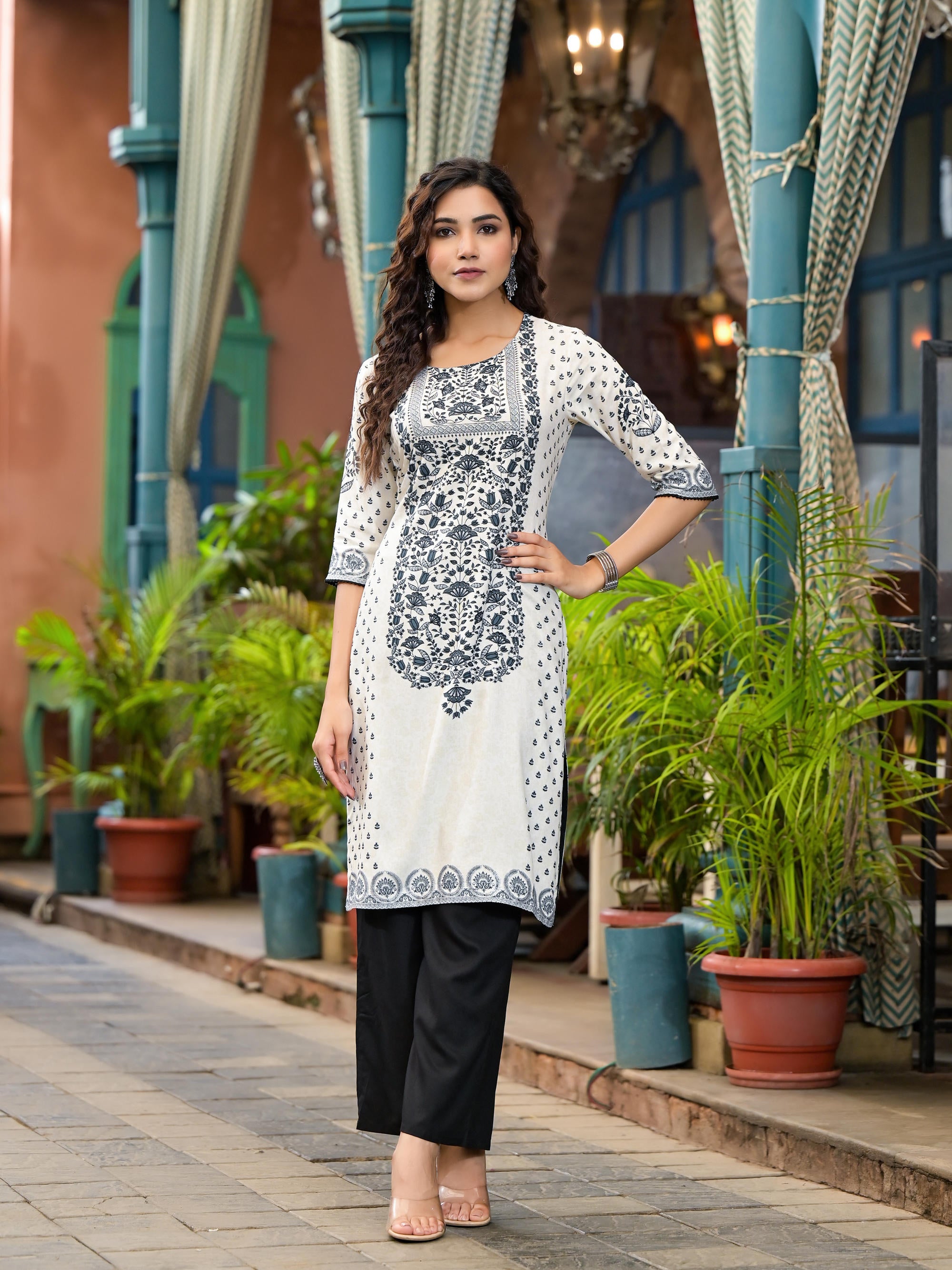 White & Black Printed Liva Rayon Kurta Set With Lace